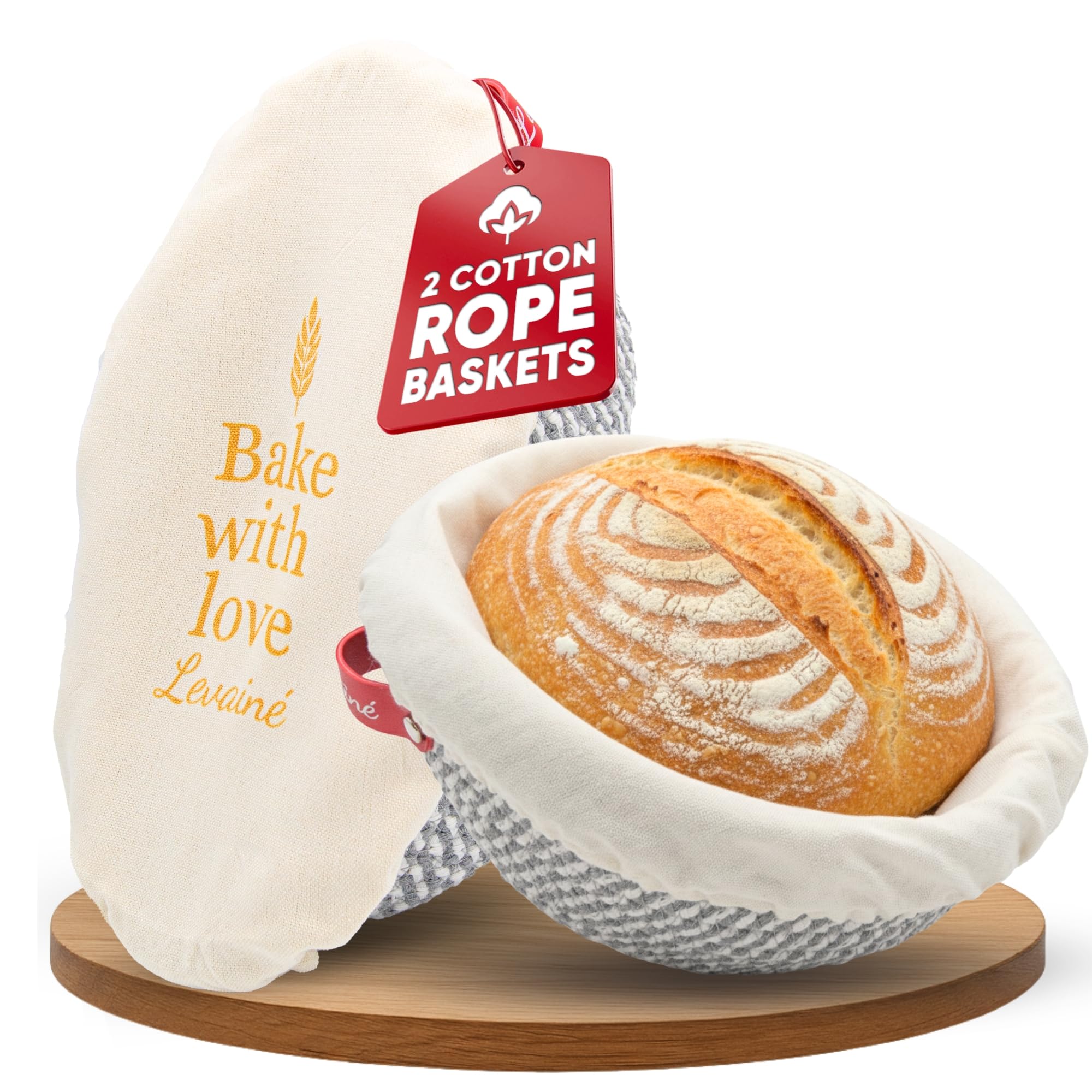 Levaine Grey/White Round + Grey/White Oval Levainé Oval & Round Bread Proving Baskets Set With Washable Liners & Covers – Cotton Rope Banneton Proofing Baskets For Dough Rising, Sourdough & Yeast Bread Baking At Home