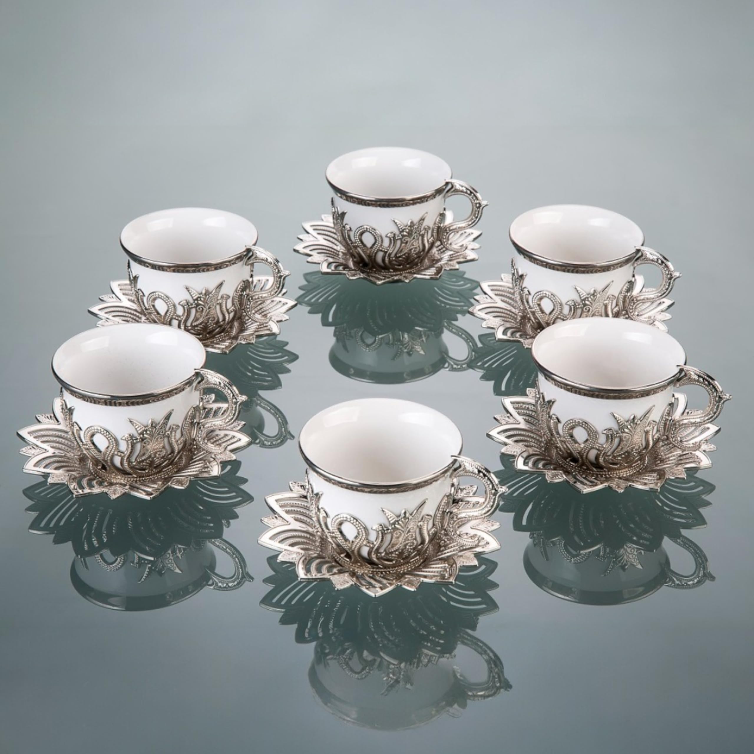 LaModaHome Espresso Coffee Cup Set with Saucers, Handmade Authentic Ottoman Turkish-Arabic-Greek Serving Mugs for Dining Table, Guests, Housewarming Gifts, Wedding, Events - Silver/White