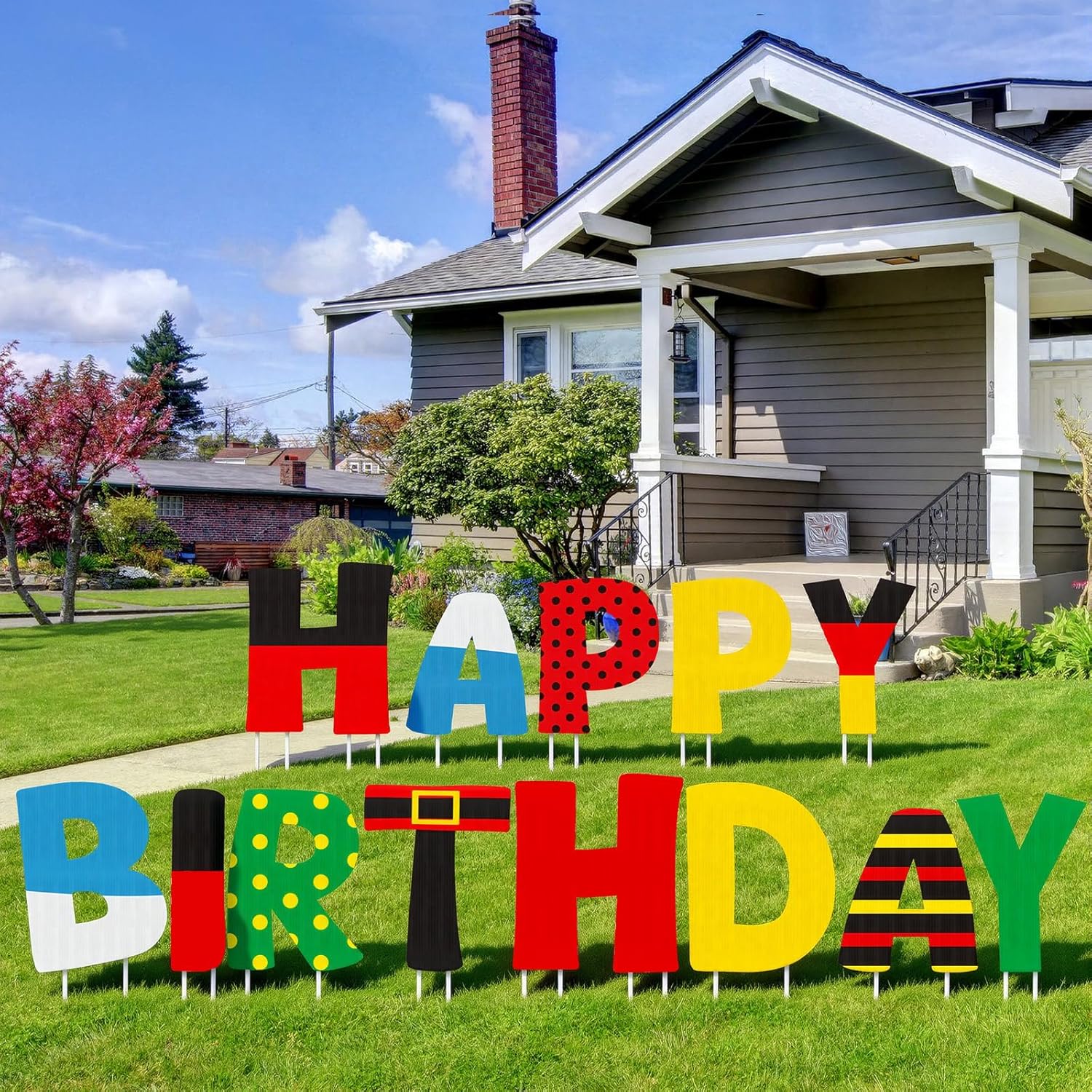 Threehoney 13 Pcs Cartoon Mouse Happy Birthday Letter Yard Signs with Stakes, 16" Outdoors Cartoon Mouse Happy Birthday Theme Party Supplies Decorations for Outdoor Yard Lawn