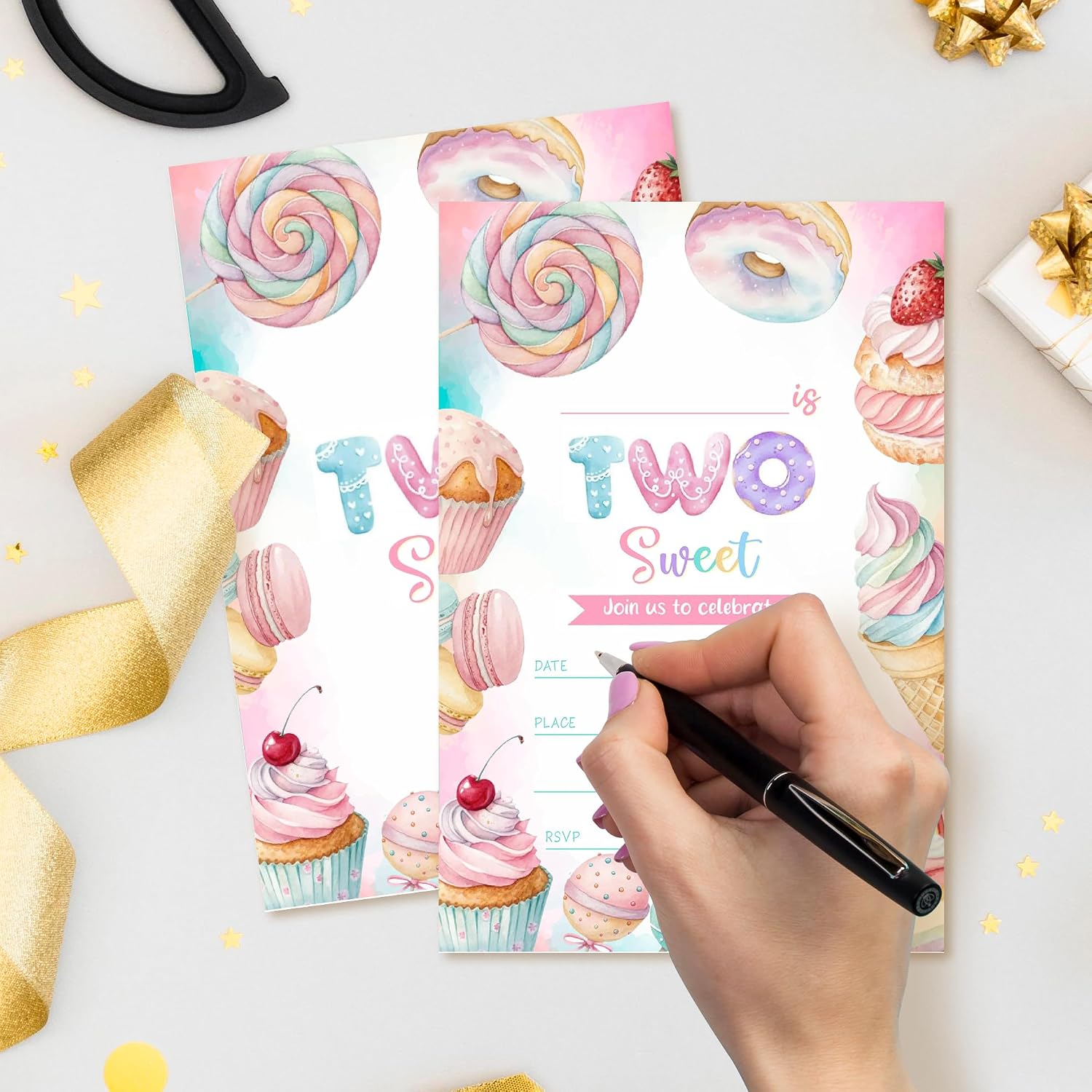 20 Two Sweet 2nd Birthday Party Invitations, Candy Sweets Donut Ice Cream Cupcake Theme Invite Cards with Envelopes, 4x6 Inch Cute Birthday Invites for Girls. (082)