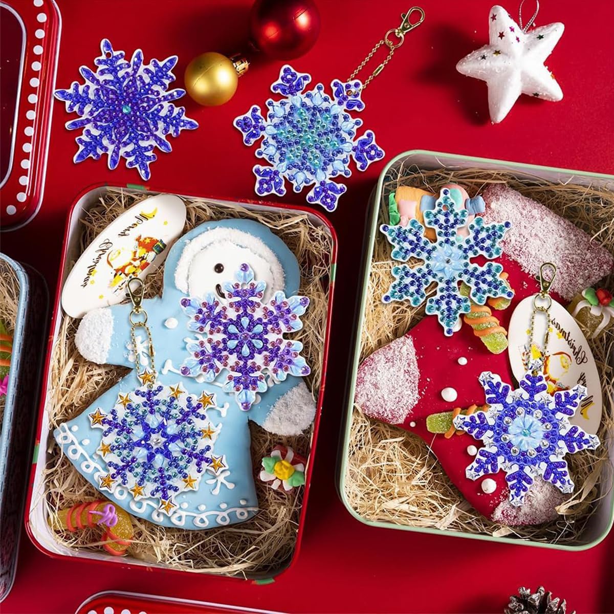 Diamond Painting 5D – 4 Ciondoli Natalizi A Forma Di Fiocco Di Neve | Kit Completo Fai Da Te Per Decorazioni Albero Di Natale