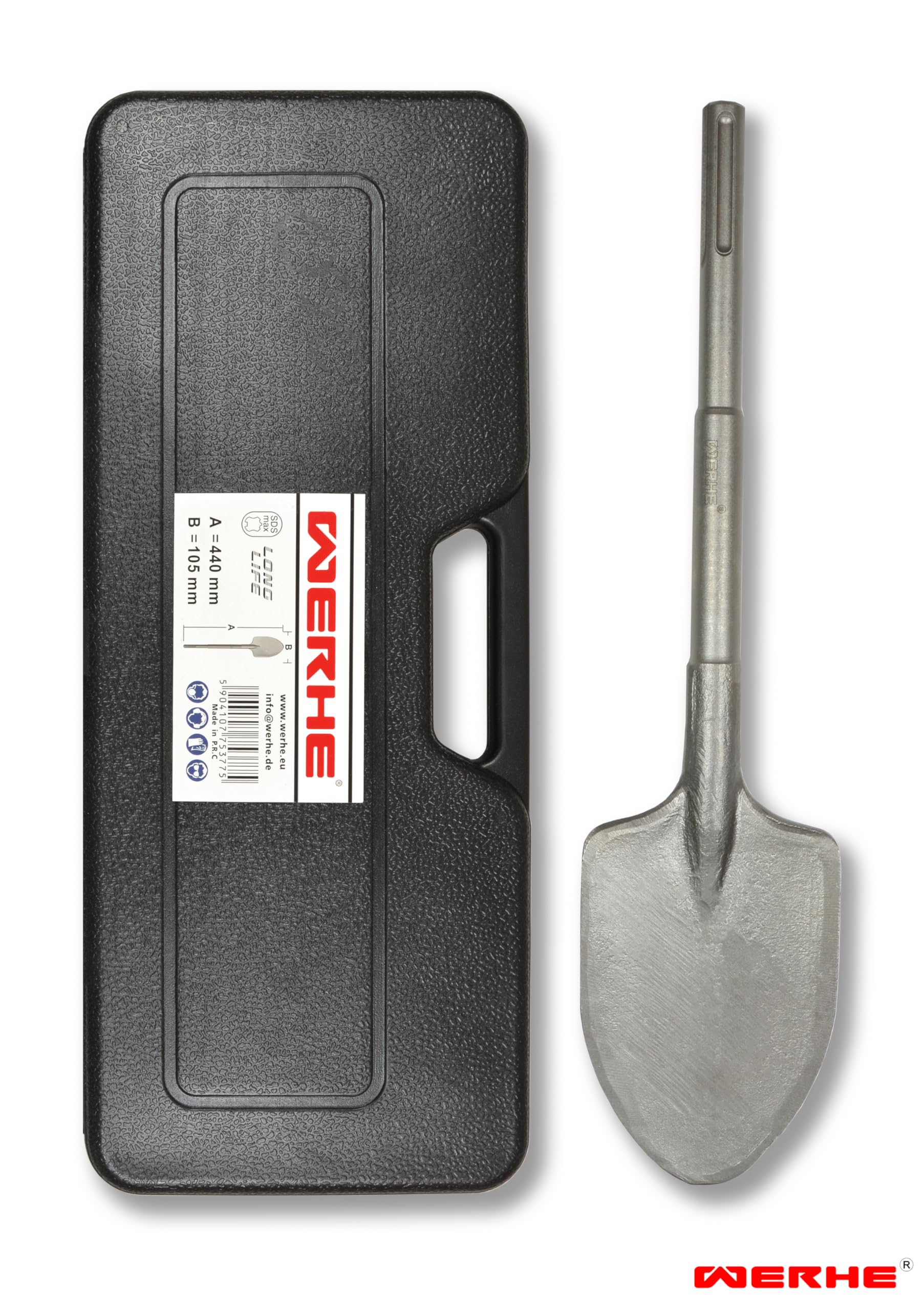 WERHE® Scalpello a punta professionale SDS Max 105 x 440 mm SDS Max Registrazione 18 mm per trapano martello martello scalpello custodia in plastica