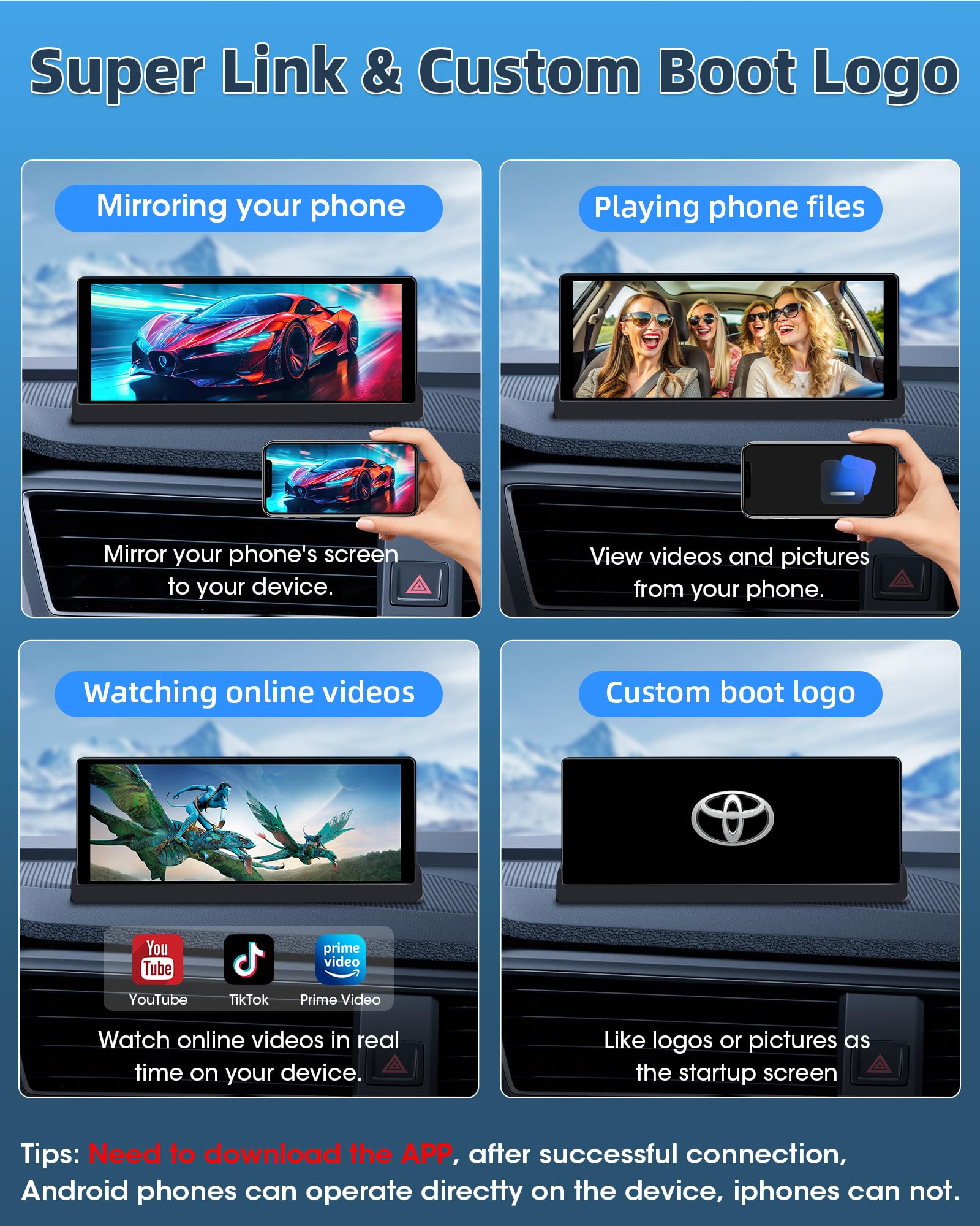 4K Apple Carplay Android Auto Display mit Exklusive Halterung, 350° Drehbare 10,26 Zoll Auto Display Car Play Bildschirm, Buddy Display mit Siri/G-oogle GPS Navigation Bluetooth 64GB TF-Karte