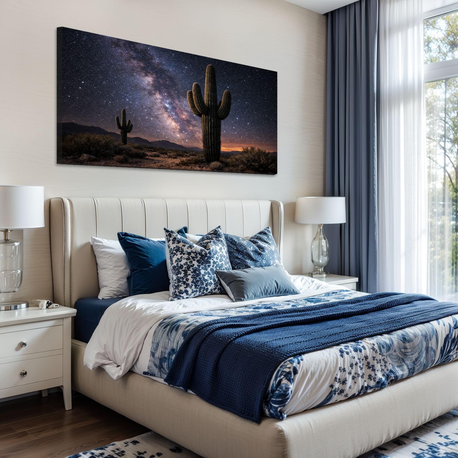 24"x 48" Canvas Wall Art Desert Night Landscape Saguaro Cactus Milky Way Sky Framed Pictures Painting Prints Large Wall Art for Living Room Bedroom Abstract Home Wall Decor Artwork