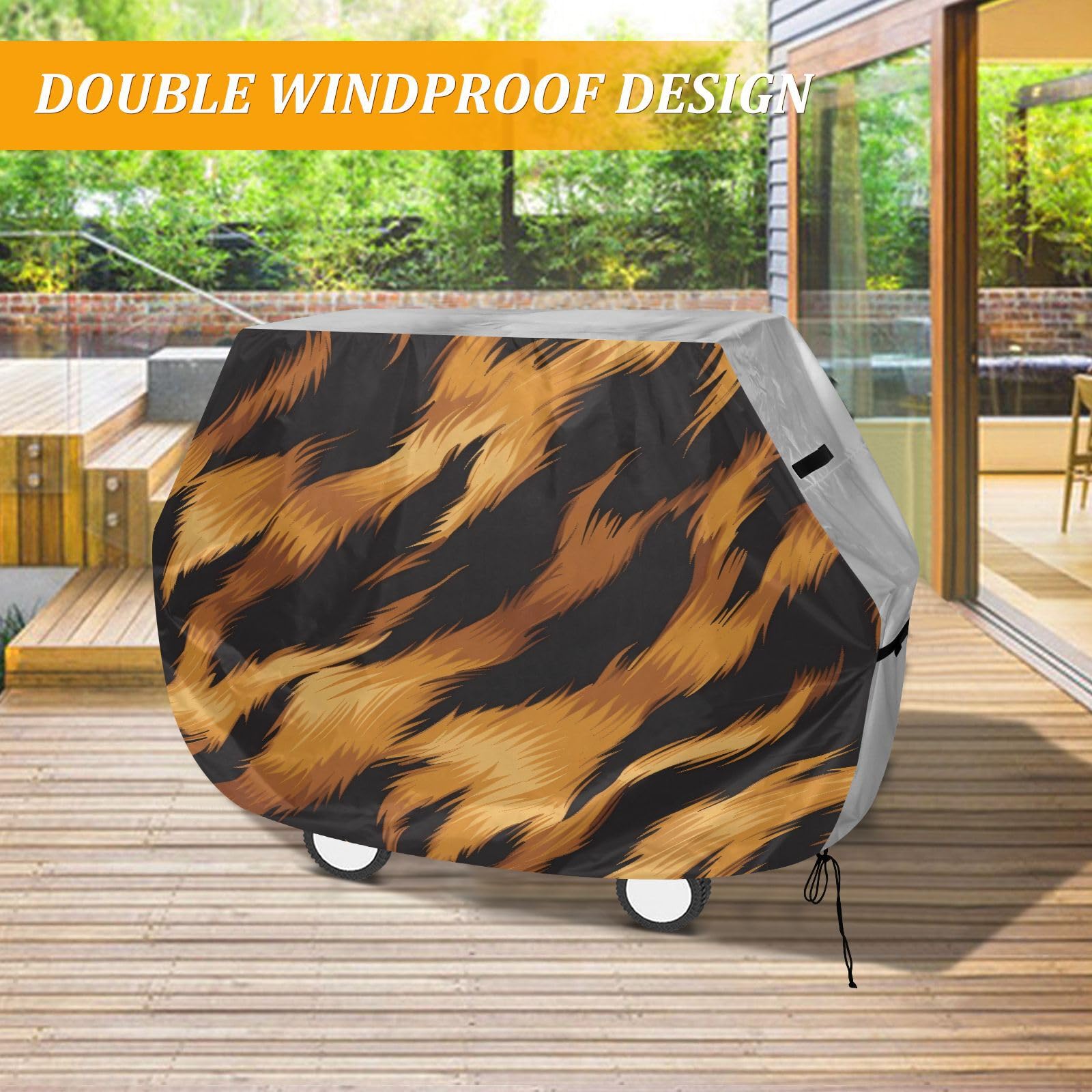Pokrowiec na grilla na patio, 150 cm, wytrzymały, wodoodporny, na zewnątrz, patio, pokrowiec na grilla, zwierzę, tygrysy, futro, nadruk, złoty, czarny