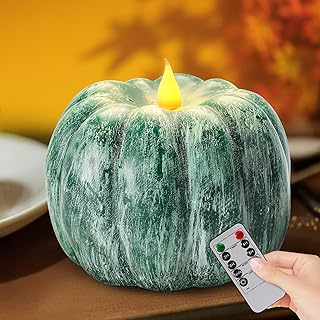 Fall Decor パンプキン フレームレスキャンドル - 電池式 LED パンプキン ちらつきキャンドル タイマーリモコン付き 感謝祭ギフト 秋の農家 素朴な収穫装飾 屋内用 (グリーン)