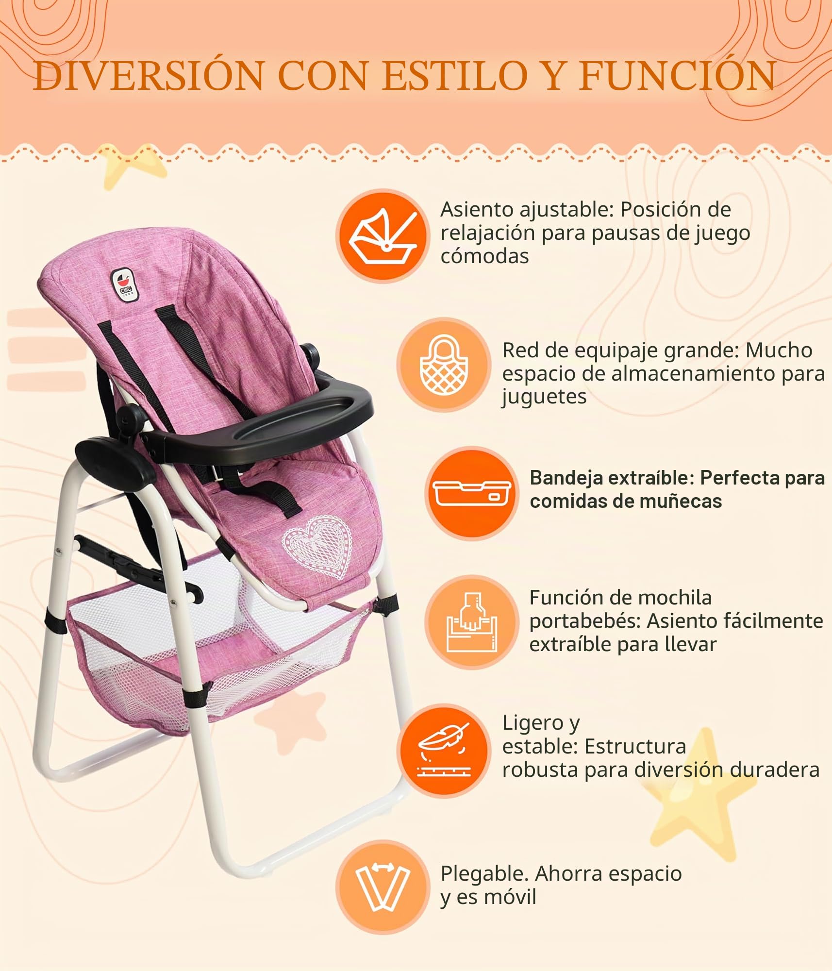 Trona Para Muñecas Bayer Chic 2000 - Asiento Ajustable Y Extraíble Para Muñecas De Hasta 50 Cm, En Color Rosa Vaquero, Mueble De 36x35x73 Cm