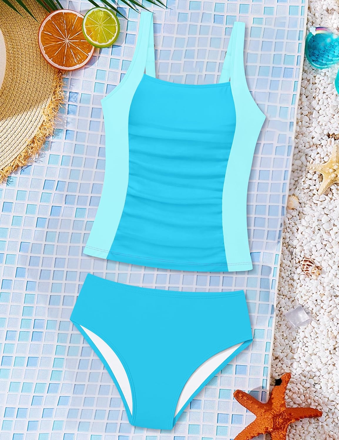 Girls Tankini Swimsuit Two Piece Solid Color Blocking Ruched Slimming Bathing Suit for Teen Girls' Swimwear 9-18Y - Image 5
