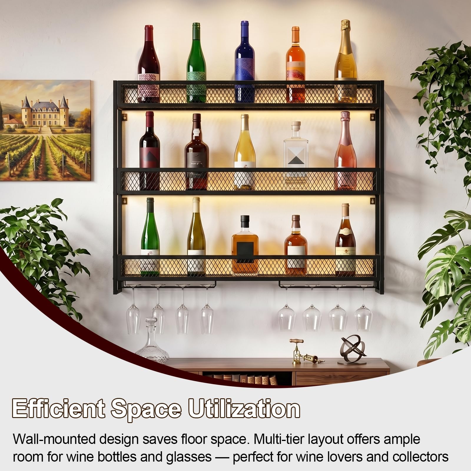 Étagère murale à vin avec support en verre à 3 étages - En métal - Support d'affichage mural pour bouteille de vin - Étagère en verre - Étagère à bouteilles suspendue pour cuisine, salle à