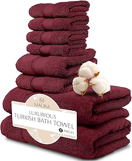 MAURA Burgundy Bath Towel Set of 8 for Bathroom. Turkish Cotton Luxury B...