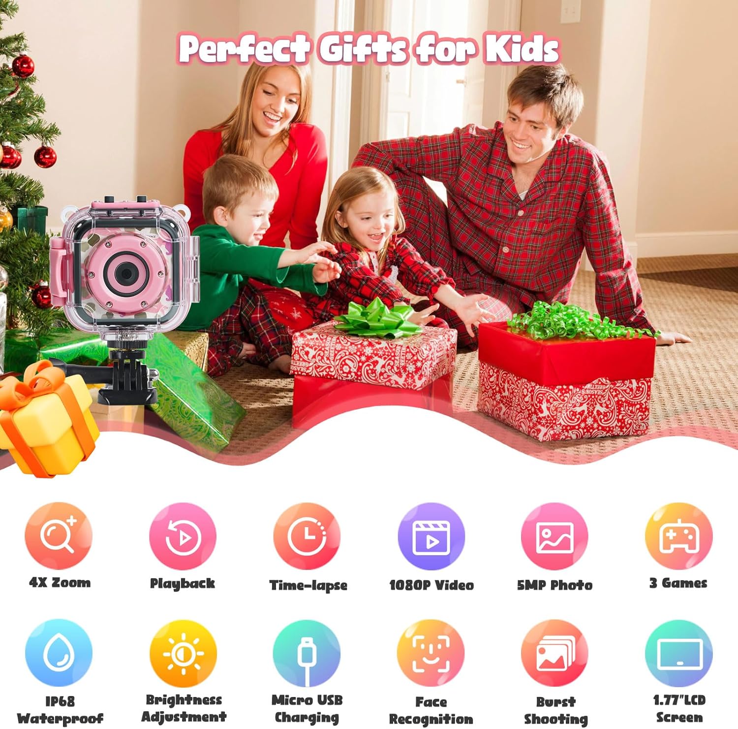 PROGRACE Kids Waterproof Camera Girls - Kids Video Camera Underwater 1080P HD Children Camcorder Digital Cameras for Girls Christmas Birthday Toys Gifts 3 4 5 6 7 8 9 10 11 12 Year Old Pink image 5 of 7 B0CFY1DHSK