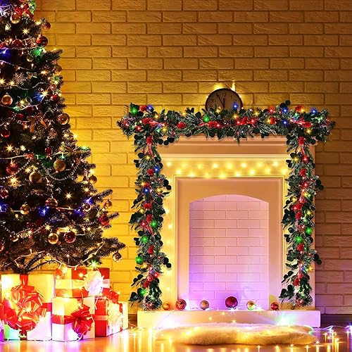 Miniatura 6 de Hotop Guirnalda de Navidad de 6.3 pies con 50 luces LED de colores, guirnalda de pino nevado artificial con piñas de pino y bayas para Navidad,
