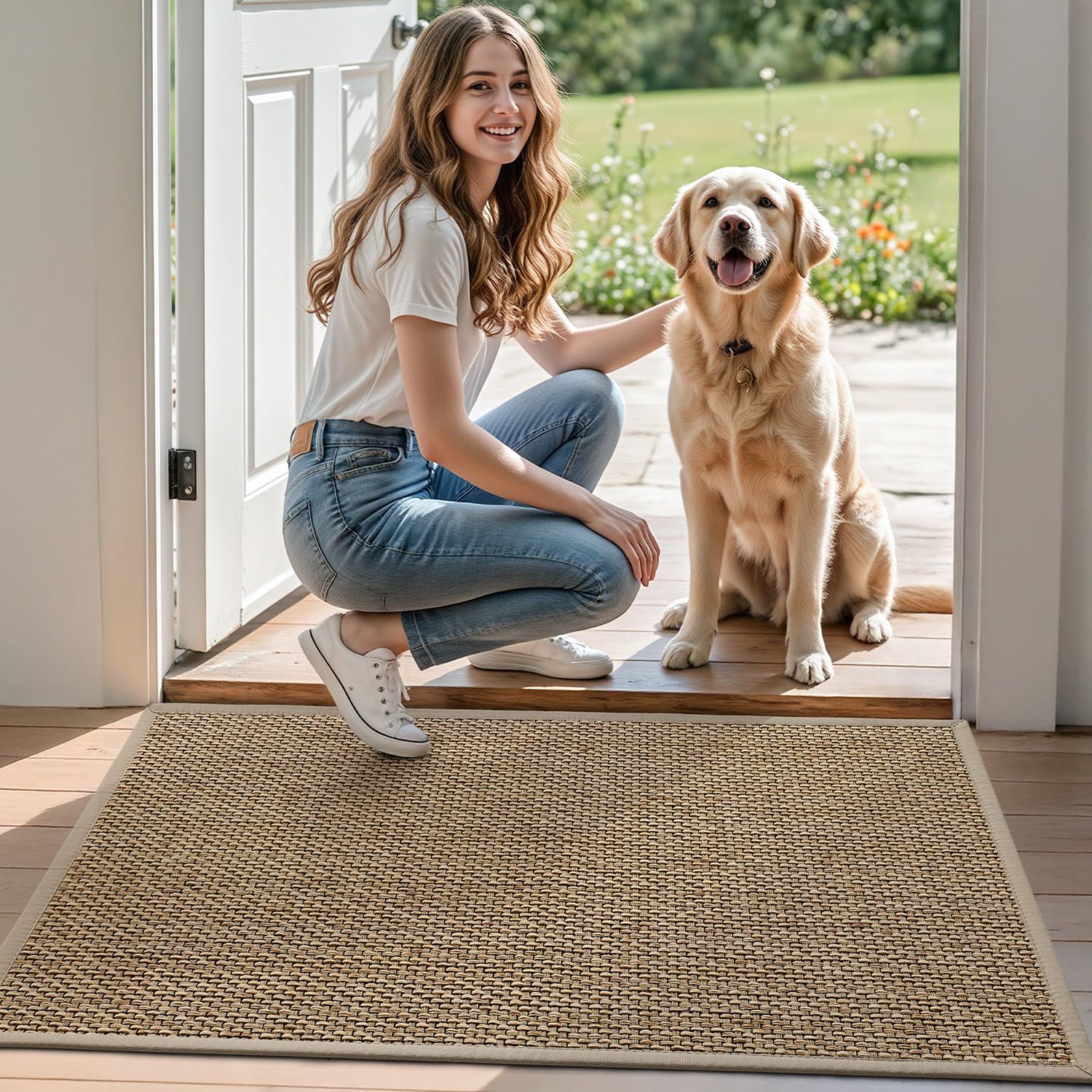 DEXI Paillasson 60 x 90 cm, Tapis d Entrée Intérieur Antidérapant et Absorbant, Profil Bas, Facile à Nettoyer, pour Couloir, Porte, Cuisine, Beige