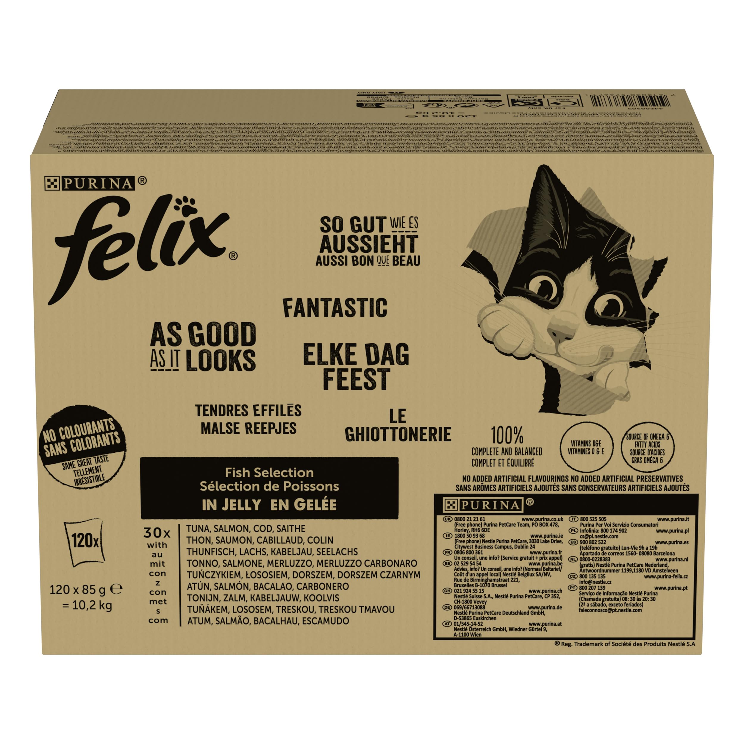 FELIX So gut wie es aussieht Nassfutter für Katzen Geschmacksvielfalt aus dem Wasser Vorteilspack, 120 praktische Portionsbeutel, zarte Stückchen in Gelee, 4 leckere Sorten, 100% vollständige