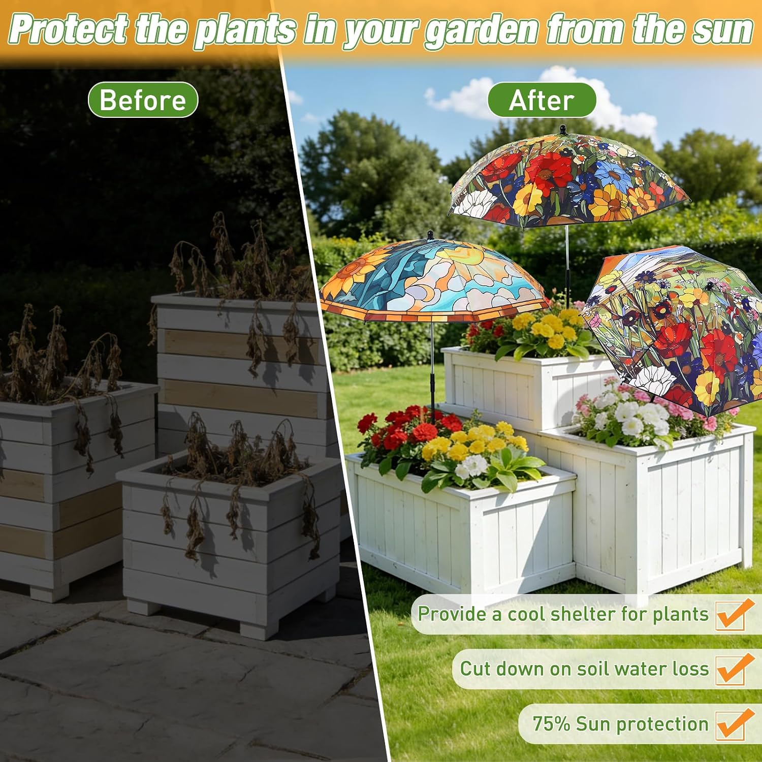 3 Pack Plant Umbrellas for Outdoor Plants 26" Larger 40" Higher Adjustable Umbrella for Potted Plants and Garden Beds Provide Shade to defend Plant from Blazing Sun
