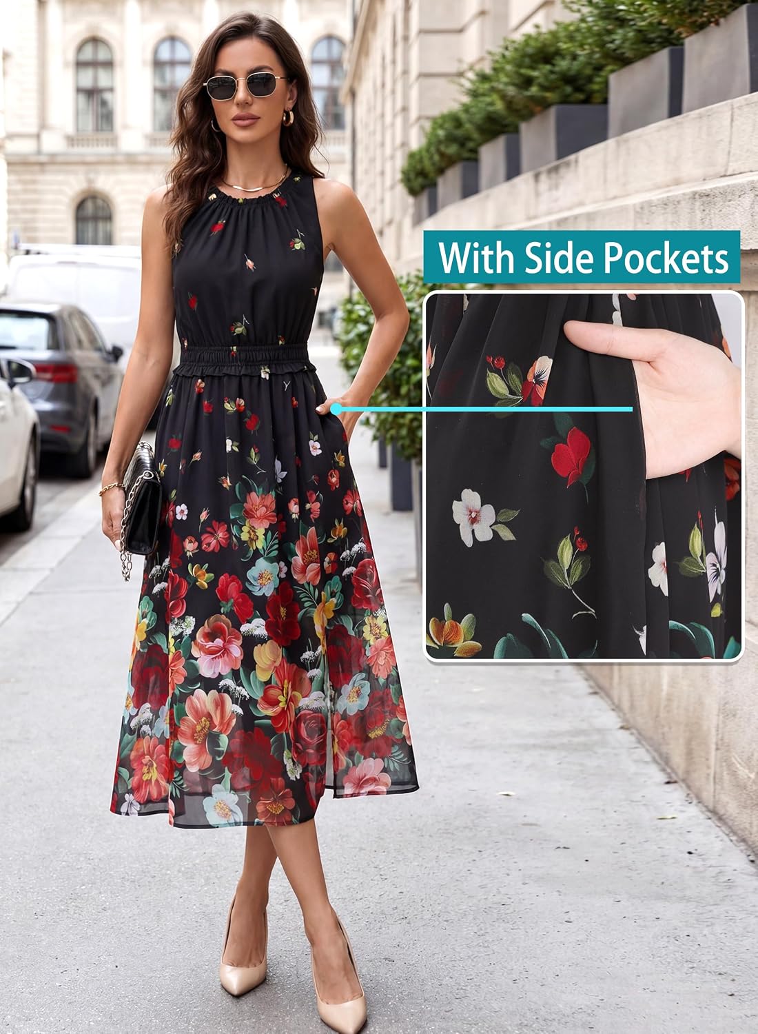 VFSHOW Womens Summer Casual Ruffle Crew Neck Midi Long Dress Sleeveless Wedding Guest Pocket Flowy A Line Tunic Sundress