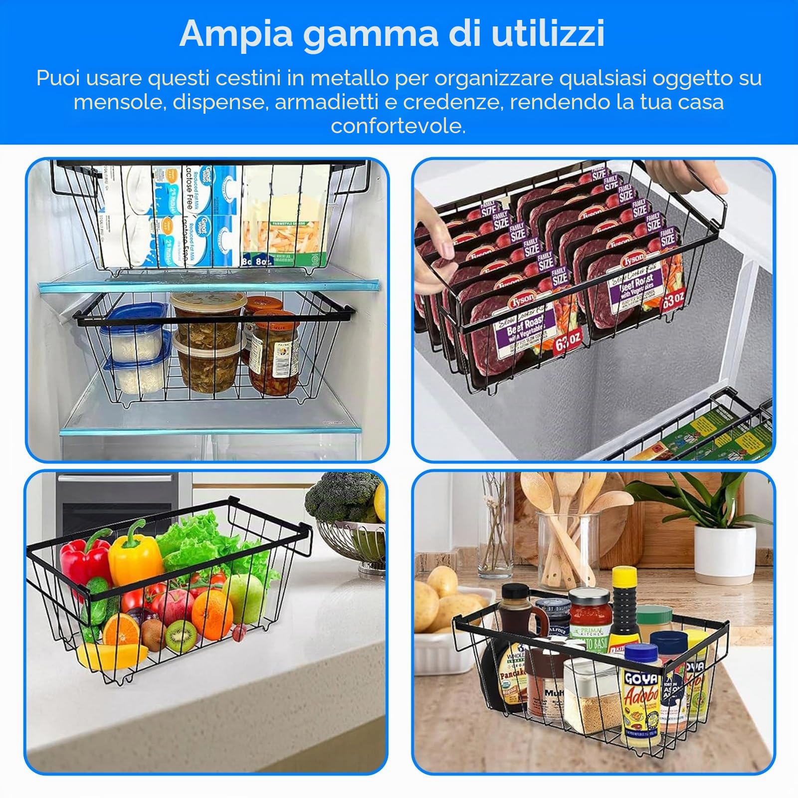 6 Pezzi Cestini per Congelatore, Maniglia Impilabile Cestini Congelatore per 198L Congelatore Organizzare Gli Ingredienti Congelati, Facile Accesso (37x18x15cm)