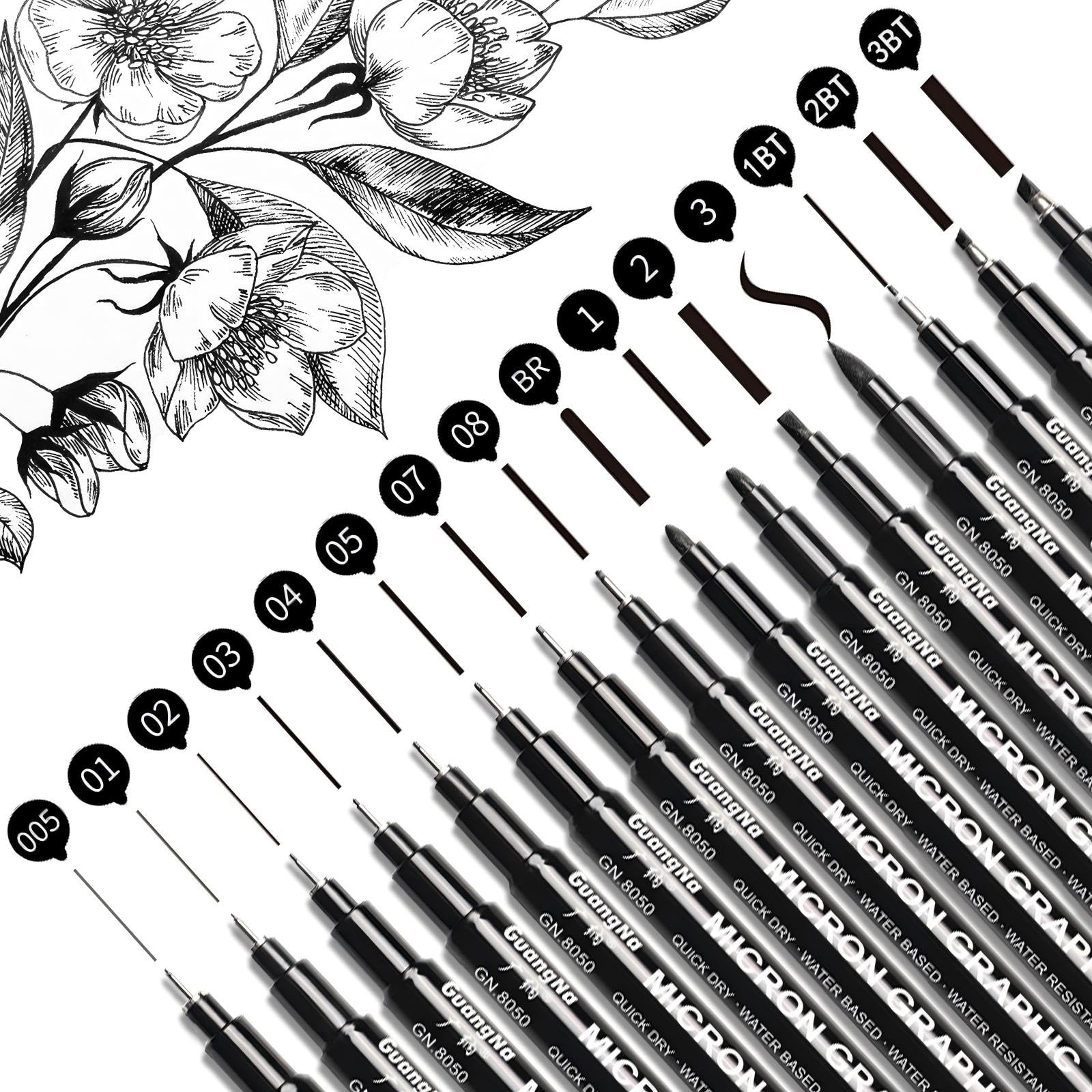 Camiki Art Black Fineliner Pens, 15 Pack Fine Liner Pens Black, Drawing Pens for Artist and Adult, Waterproof Micron Pens Set for Sketching Illustration Drawing Anime Manga
