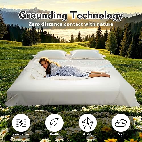 Miniatura 2 de Sábana bajera para cama 90% algodón orgánico + 10% fibra plateada pura, sábanas bajeras para todos los tamaños de colchón, con cordón de conexión a