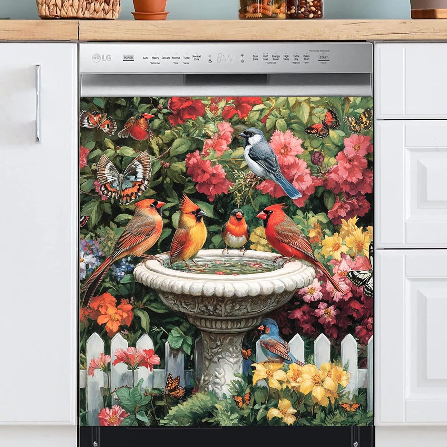Garden Birds Magnet Dishwasher Decor Cover for Kitchen, Bird Pond Magnet Refrigerator Skin Panel Cover, Colorful Flowers Dishwasher Front Door Covers - (23" x 26" Magnetic)