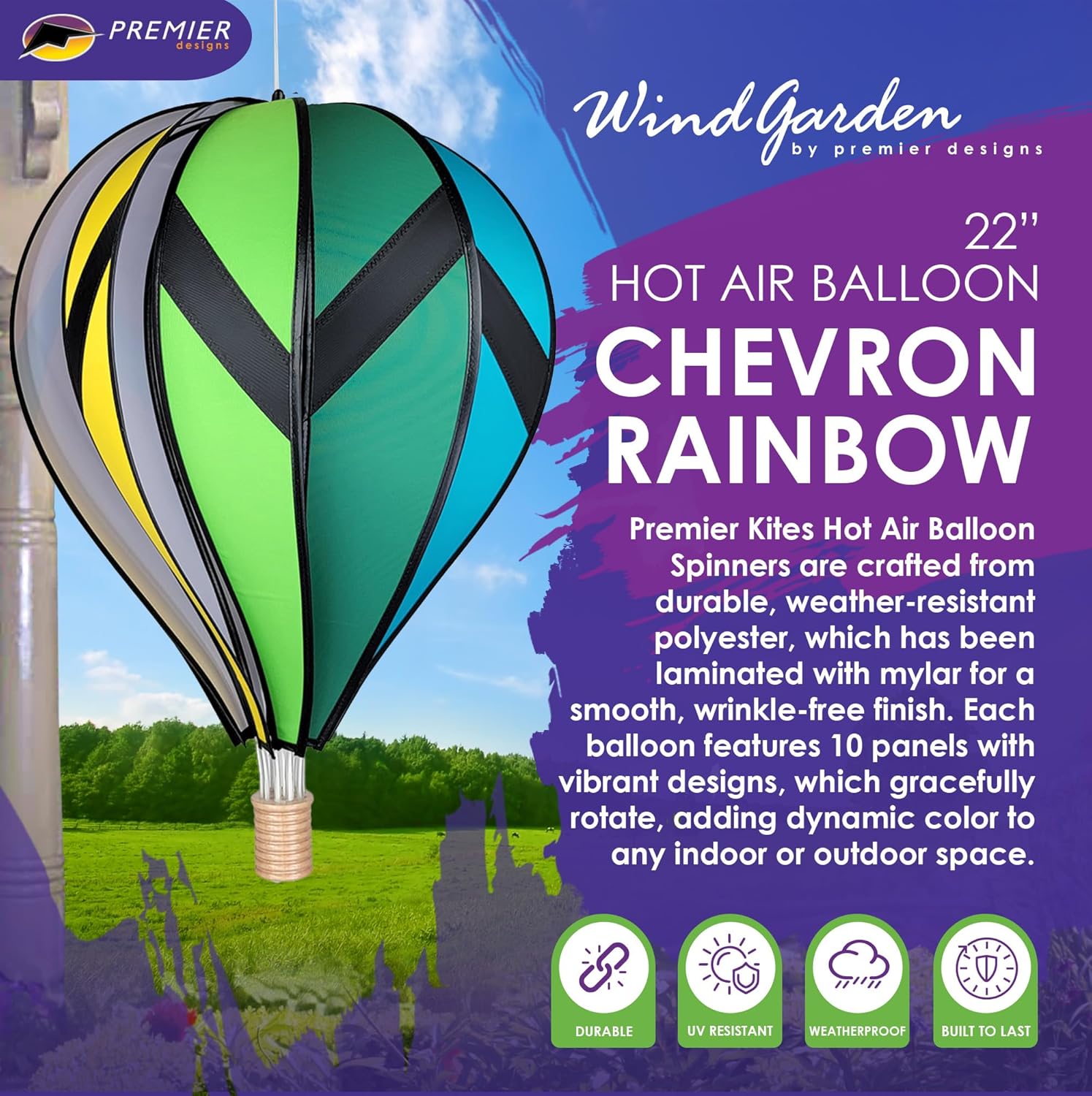 Hot Air Balloon Hanging Garden Spinner 22" - Vibrant Chevron Rainbow Design, Weather-Resistant Outdoor Decor, Durable & Lightweight for Patios, Yards, and Gardens - Eye-Catching Wind Spinner