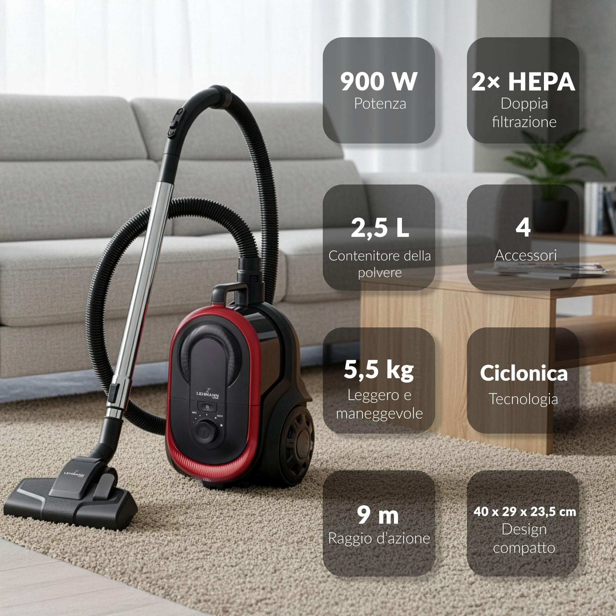 LEHMANN Aspirapolvere a Traino senza Sacco, Potente Tecnologia Ciclonica, Doppio Filtro HEPA per Allergici, Capacità 2,5 L, Serbatoio facile da Pulire, Design Compatto, Set di Accessori, Nero/rosso