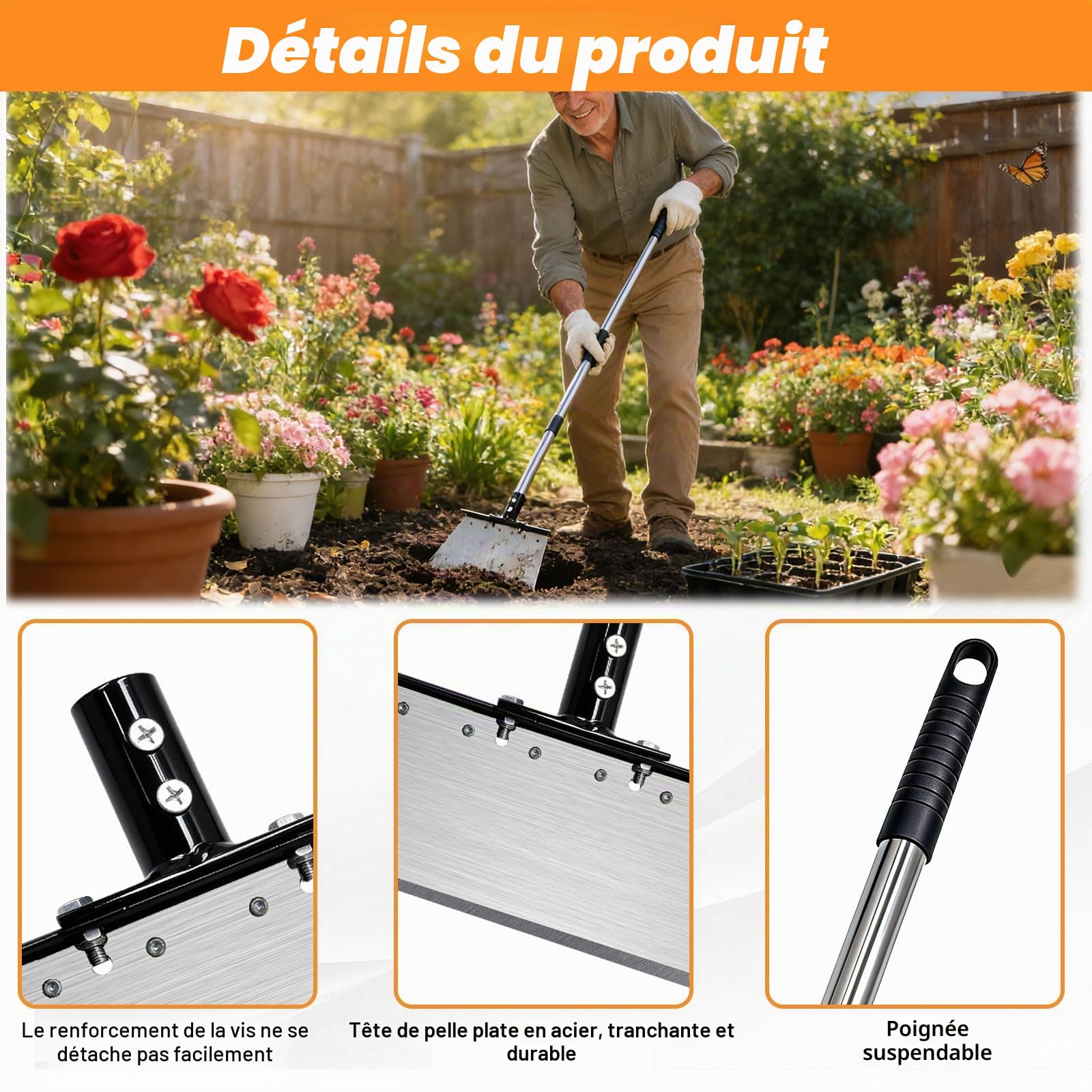 165CM Pelle de Nettoyage Multifonctionnelle avec Poignée D'extension en Acier Inoxydable Pelle Nettoyage Extérieur Jardin Longueur Réglable Grattoir Jardinage Desherbage pour aux Jardins Terrasses
