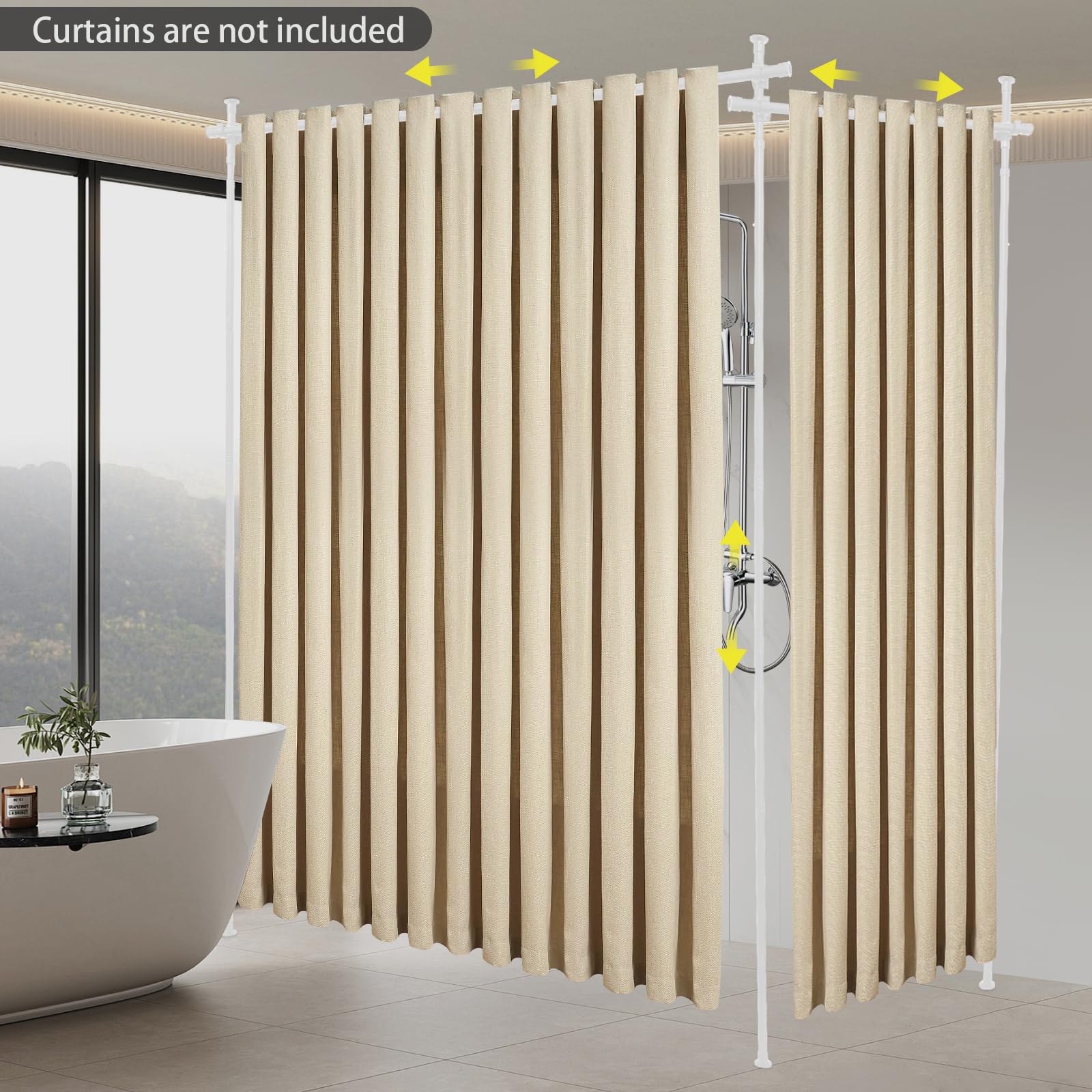 Paravent double rideau, hauteur de 1,5 m à 3,8 m, chaque barre max. 40 kg, séparable, antidérapant, sans perçage, séparateur d'espace, support pour salon, chambre à coucher