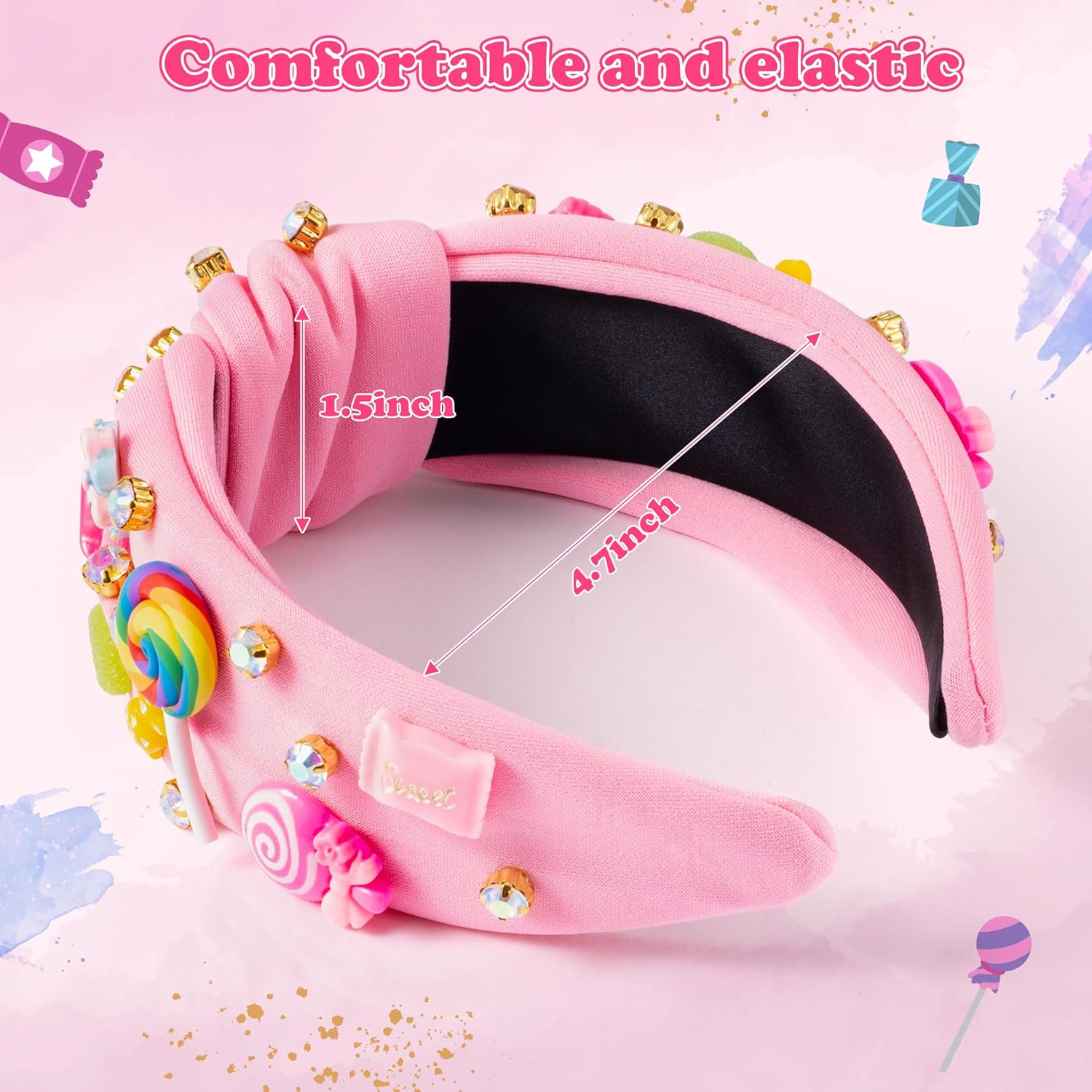 PANTIDE Candy Jeweled Knotted Headband - Valentine's Day Rainbow Lollipop Rhinestone Embellished Preppy Headband Non Slip Wide Top Knot Hairband Hair Accessories Birthday Gift for Women Girls (Pink) - Image 2