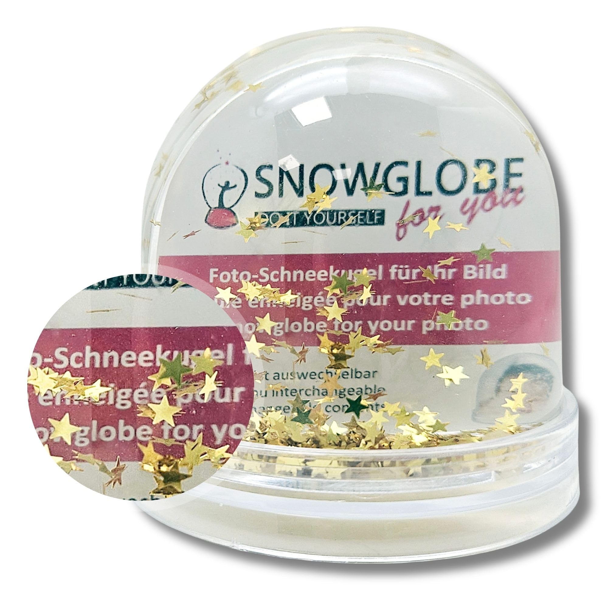 Snowglobe For You - Do It Yourself Transparent Photo Snow Globe Large | Contents Gold Stars Glitter Stars | With 2 X Picture | Base | W: 9 Cm H: 8 Cm | Photo Gift Gold Star Picture Frame | 2 Colouring Pages | 50012