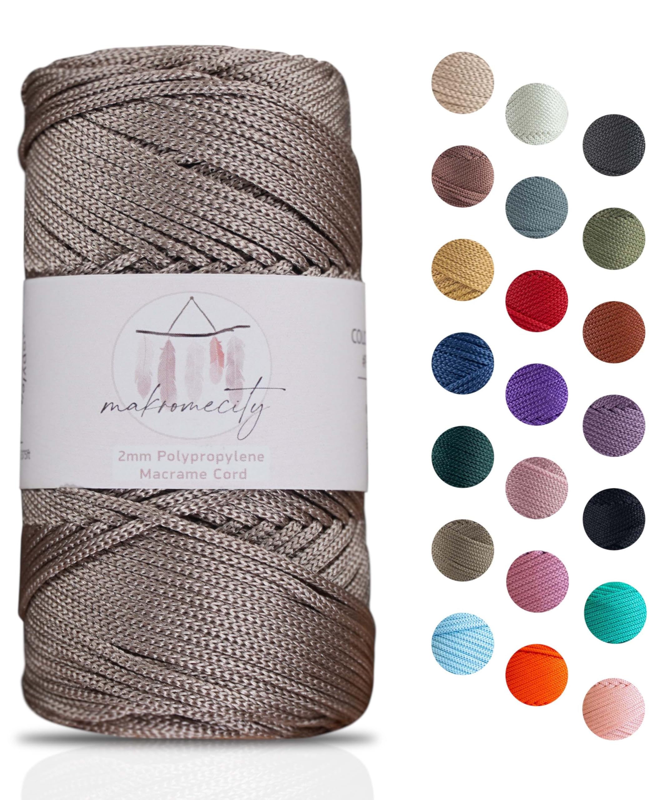Makromecity Polyester Macrame Yarn, 2mm x 115m, Premium Polypropylene Cord for Crafts, 20 Colors (Mink)