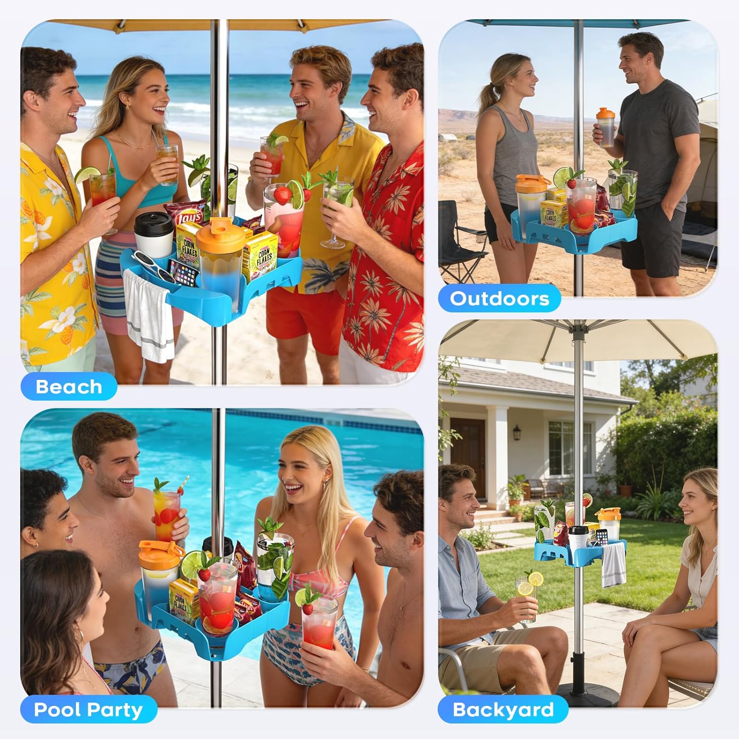16'' Beach Umbrella Table Tray, Upgraded Side Mount Umbrella Tray Table with 4 Large Cup Holders, 5 Snack Compartments for Beach Patio Garden Swimming Pool, Universal Fit for Round & Square Poles