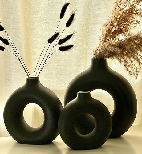 Miniatura 4 de Jarrón negro grande para decoración del hogar, florero circular negro grande, decoración moderna de sala de estar y dormitorio, 9 pulgadas de alto