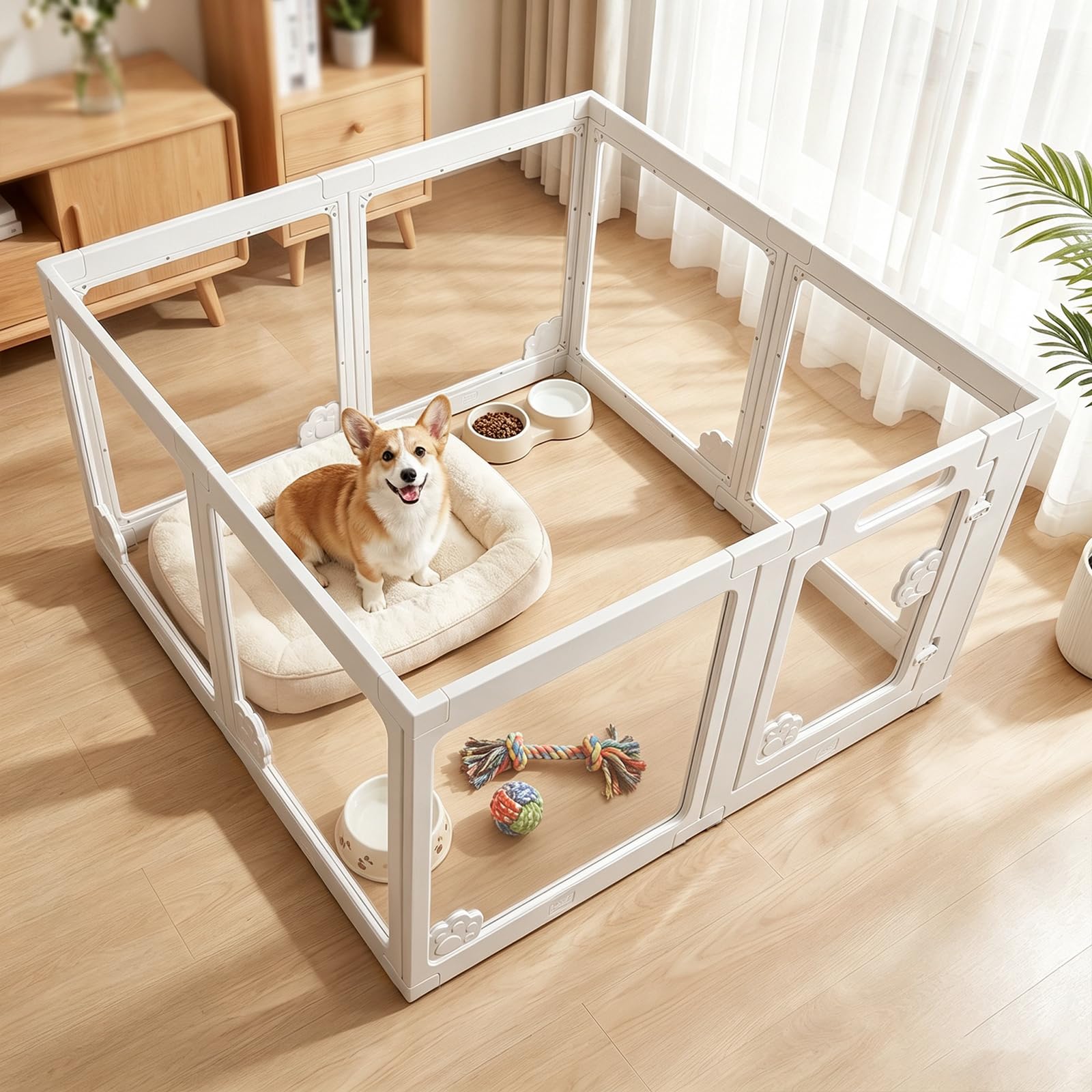 Clear Acrylic Dog Playpen, 8-Panel Pet Pen with Door