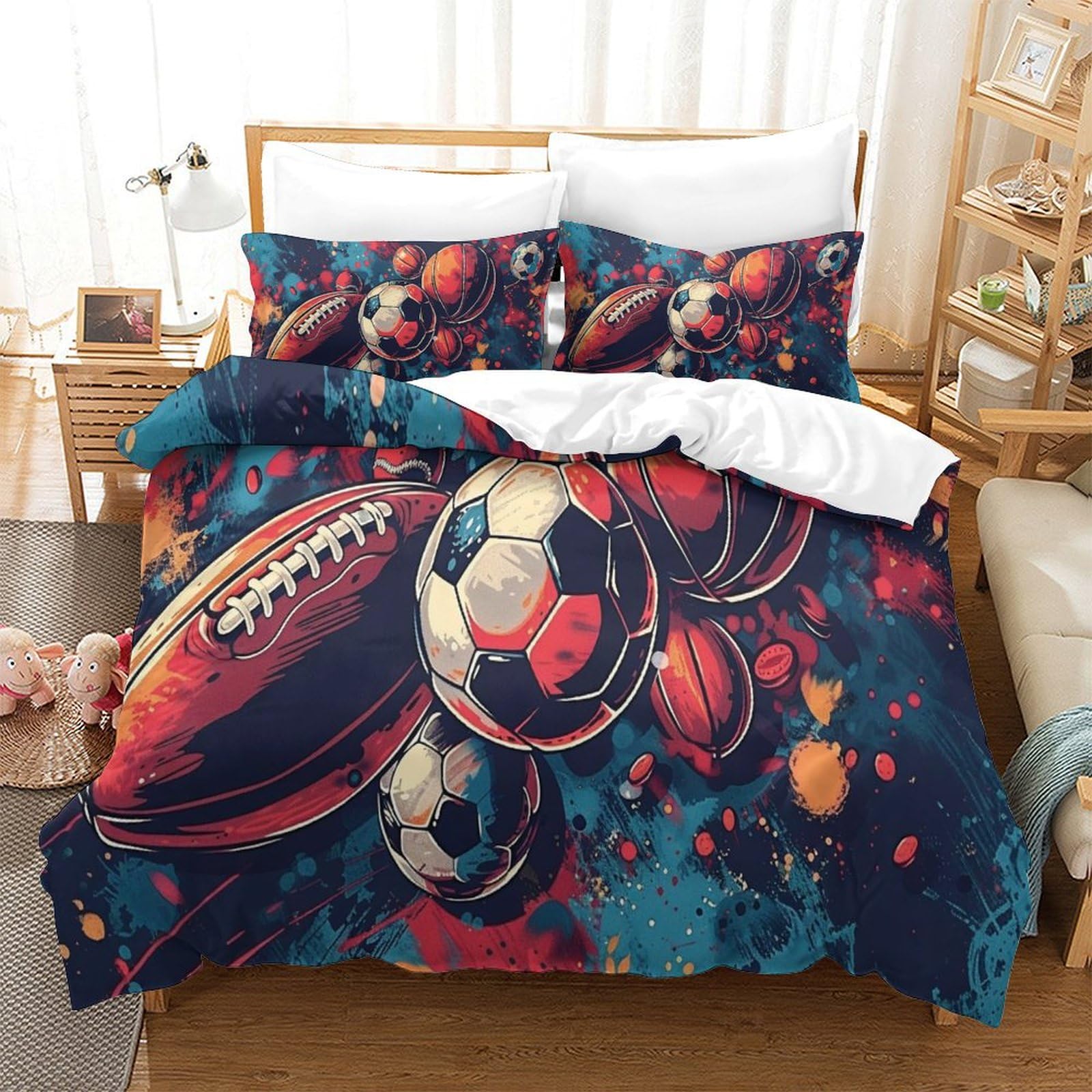 Housse de couette football 260x220 cm avec taies en microfibre pour lit super king