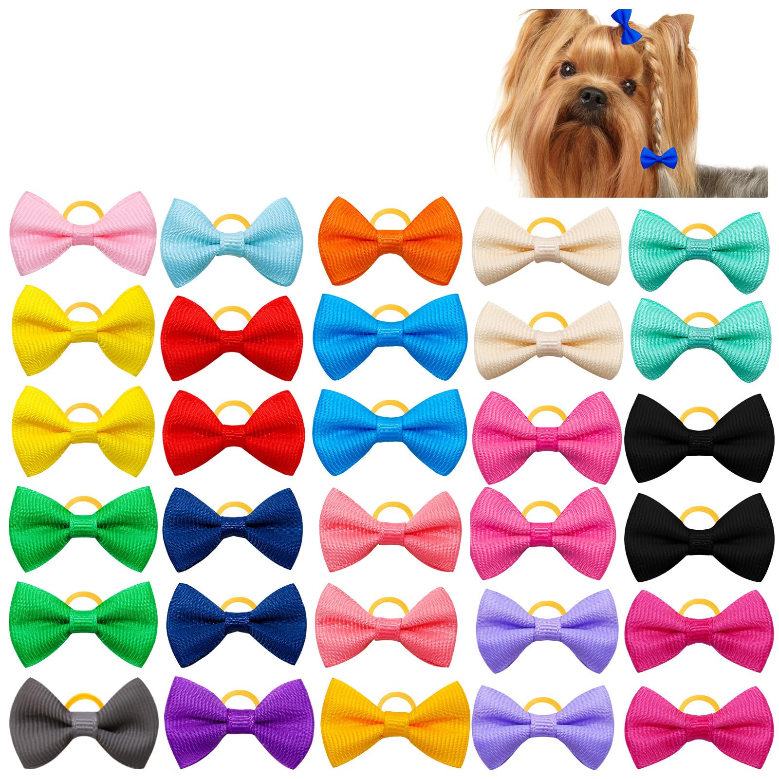 PetPhindU 30PCS Big Dog Hair Bows with Rubber Band Random Pattern for Large XL Breed Bowknot Topknot Grooming Hair Accessories (Random color)