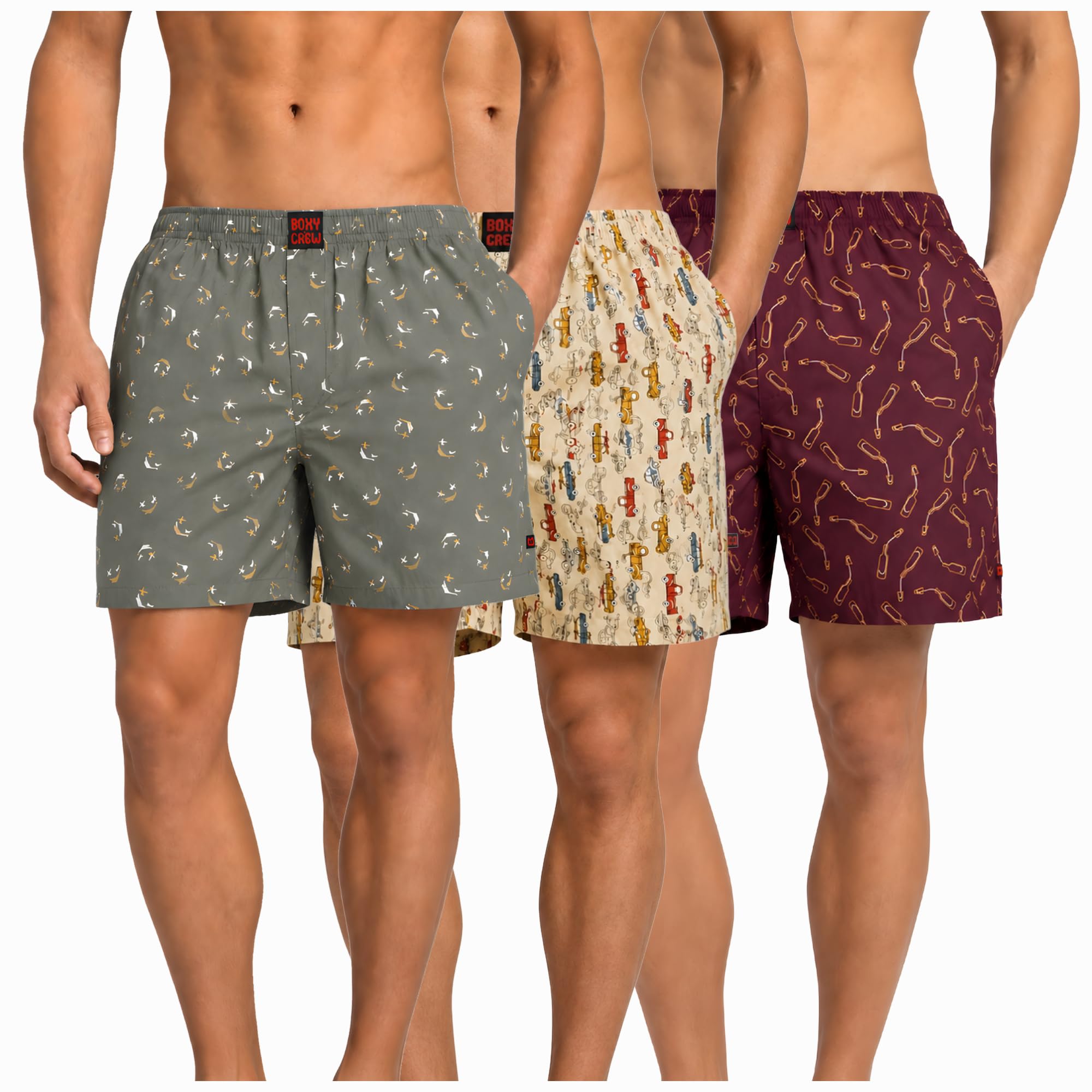 Men's 100% Cotton Boxer Shorts Pack of 3, Green, Beige & Maroon | Woven Boxers with Side Pockets, No-Marks Elastic Waistband, Breathable Relaxed Fit | Style 008-013-014-image-46