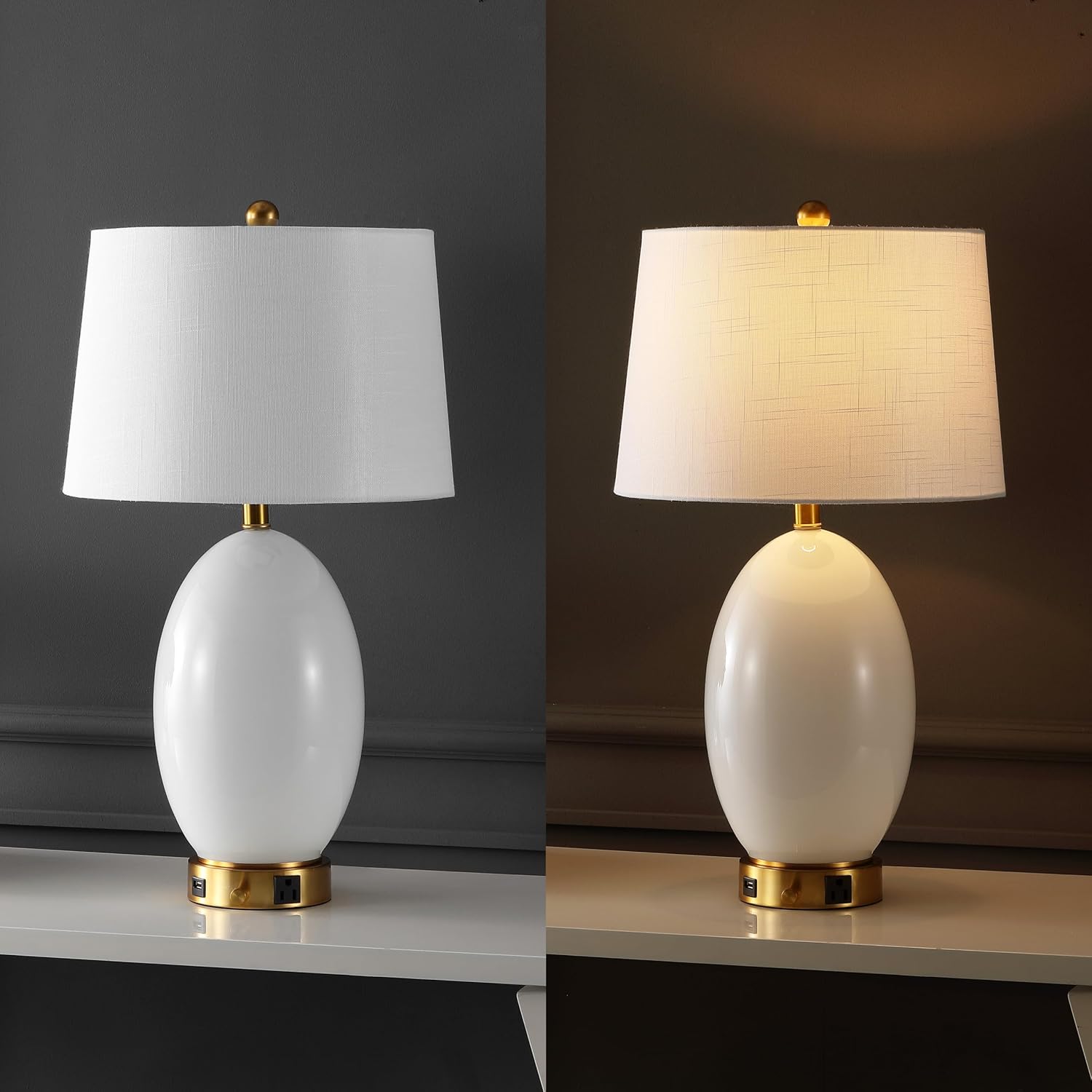 JONATHAN Y 26.5" White/Brass Gold Modern Glass Table Lamp with USB Port and AC Outlet, White Linen Shade, Contemporary Glam Bedside Lamp for Living Room Bedroom, LED Bulb JYL4053A
