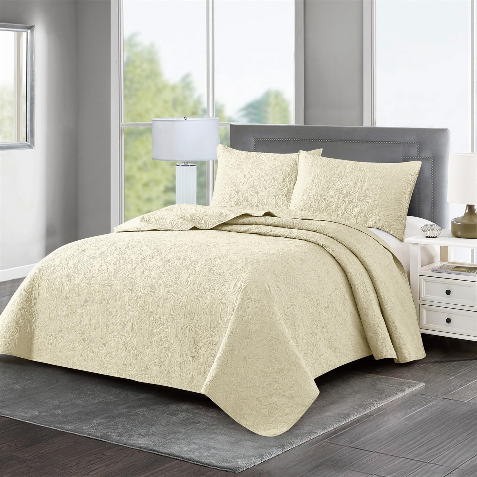 BQUJSML Quilted Bedspread Throw-King with Pillow Shams Reversible Embossed Double Throws Coverlet Soft Lightweight Quilt Bedspread Machine Washable for Bedding Decor(Beige,220 * 240cm)
