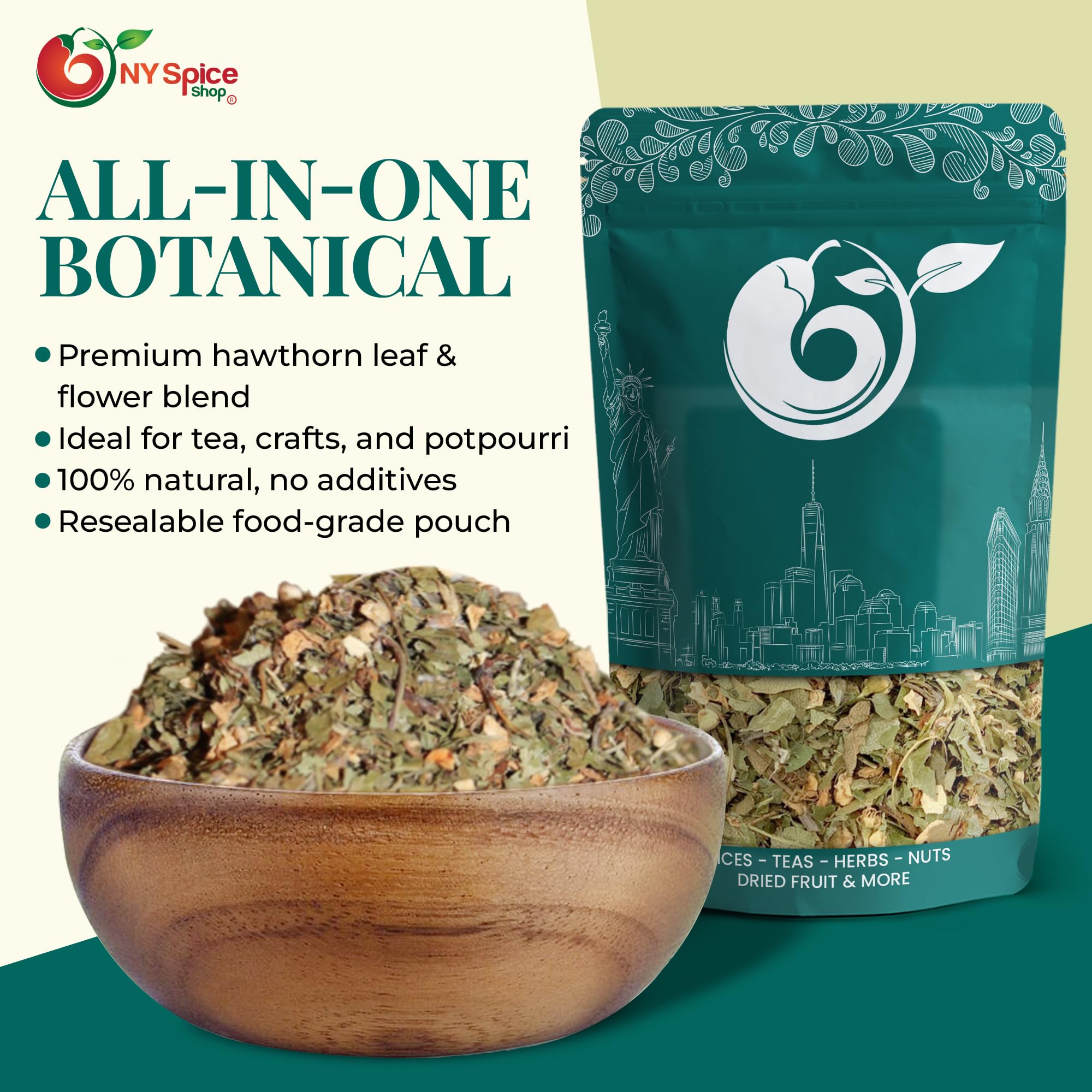 NY Spice Shop Hawthorn Leaf and Flower - 8 Ounce Dried Herb Cut & Sifted - Hawthorn Leaves and Blossoms - Bulk Herbal Tea Ingredient - Natural Botanical for Infusions & Blends