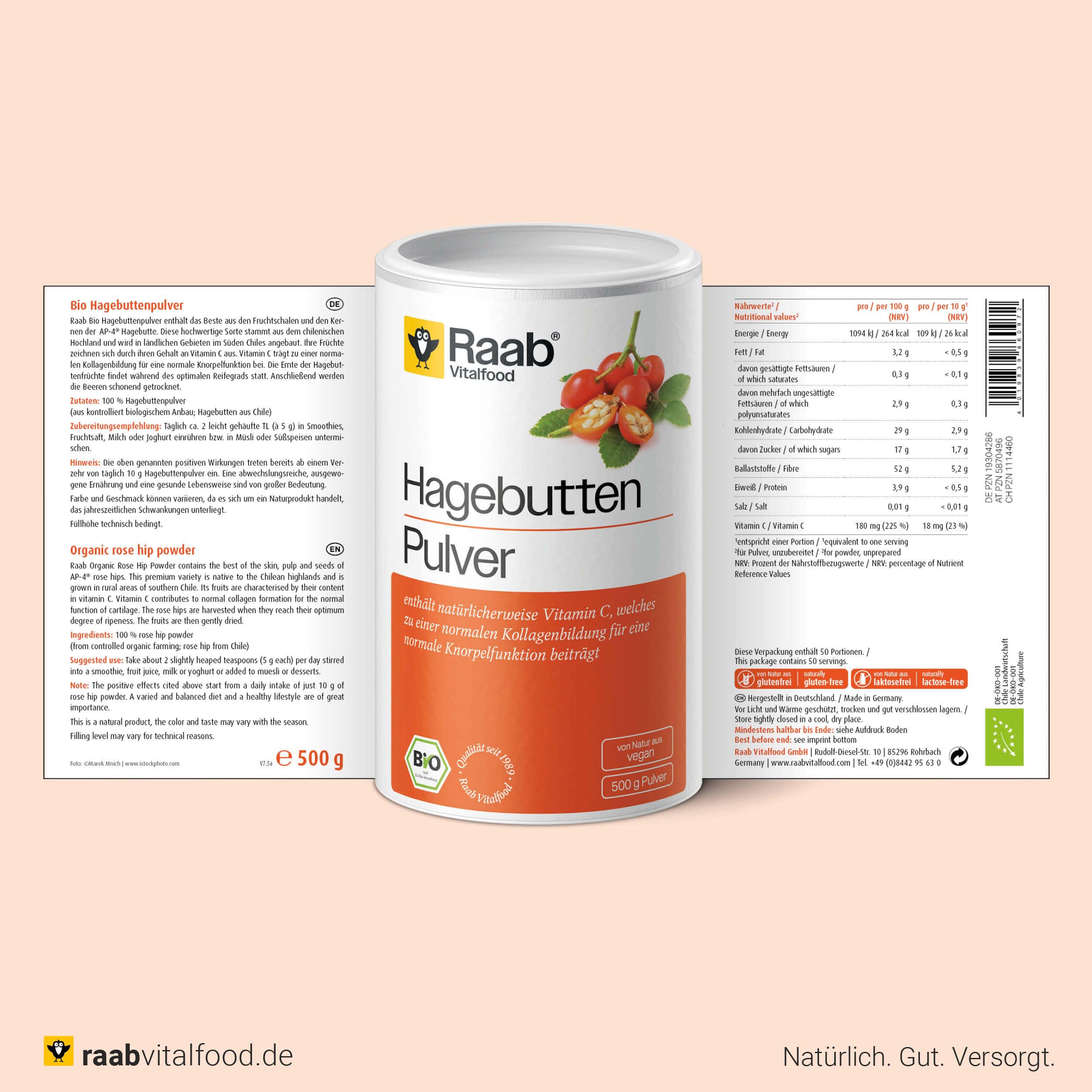 Raab Vitalfood Bio Hagebutten-Pulver, Premium-Sorte AP-4 Hagebutte aus dem Süden von Chile, mit natürlichem Vitamin C für eine normale Kollagenbildung & Knorpelfunktion (500g)
