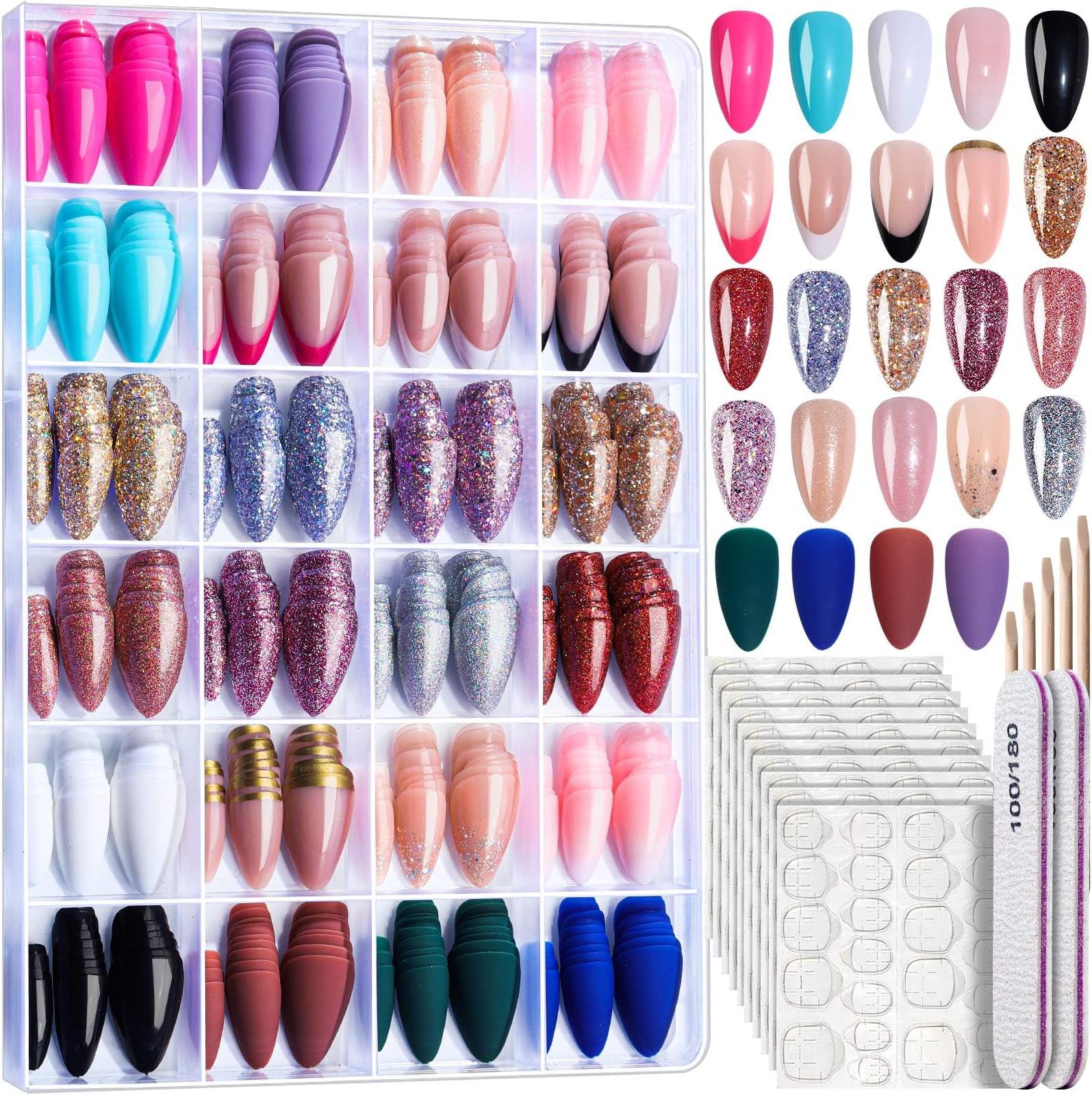 FANDAMEI Press on Nails, 24 Colors 576PCS Press on Nails Almond, Matte Glossy Fake Nails Short Almond, Glitter Fake Nails, Press on Nails French Tip Natural for Nail Art
