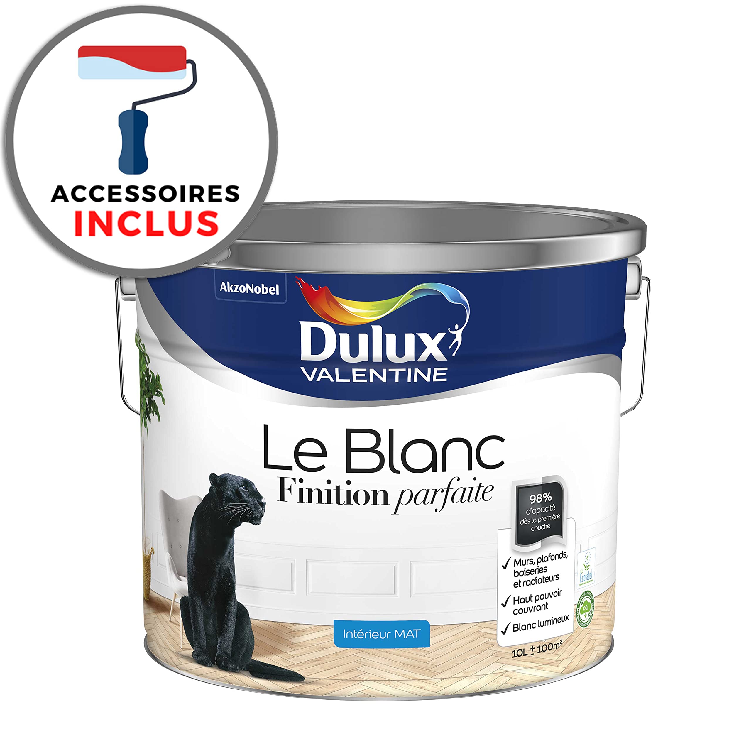 Dulux Valentine Le Blanc Finition Parfaite - Peinture Intérieure Murs, Plafonds et Boiseries - 98% d'opacité - Mat Blanc 10 L - Accessoires inclus