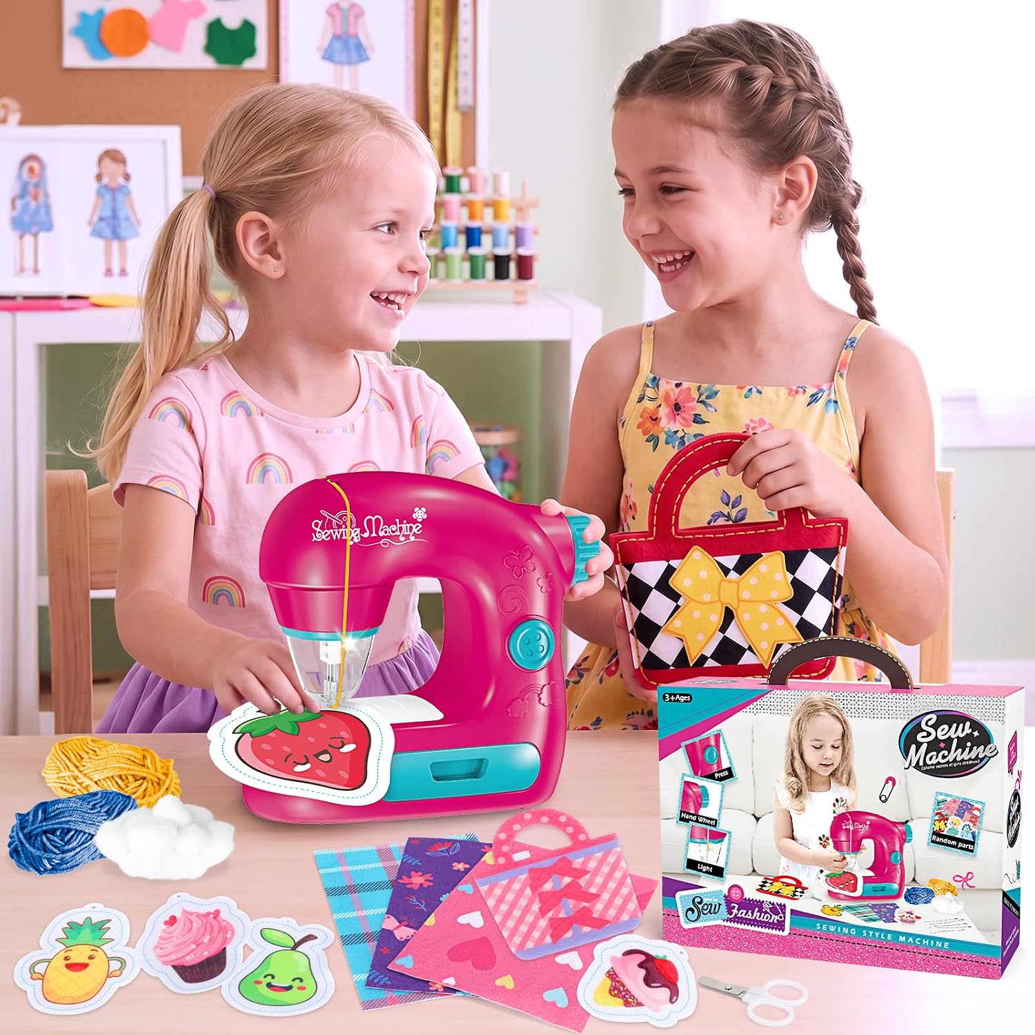 deAO Kids Sewing Machine Toy Beginners Kit, 22pcs Portable Electric Sewing Machine with Lights & Sewing Accessories, Arts and Crafts Gift for Girls