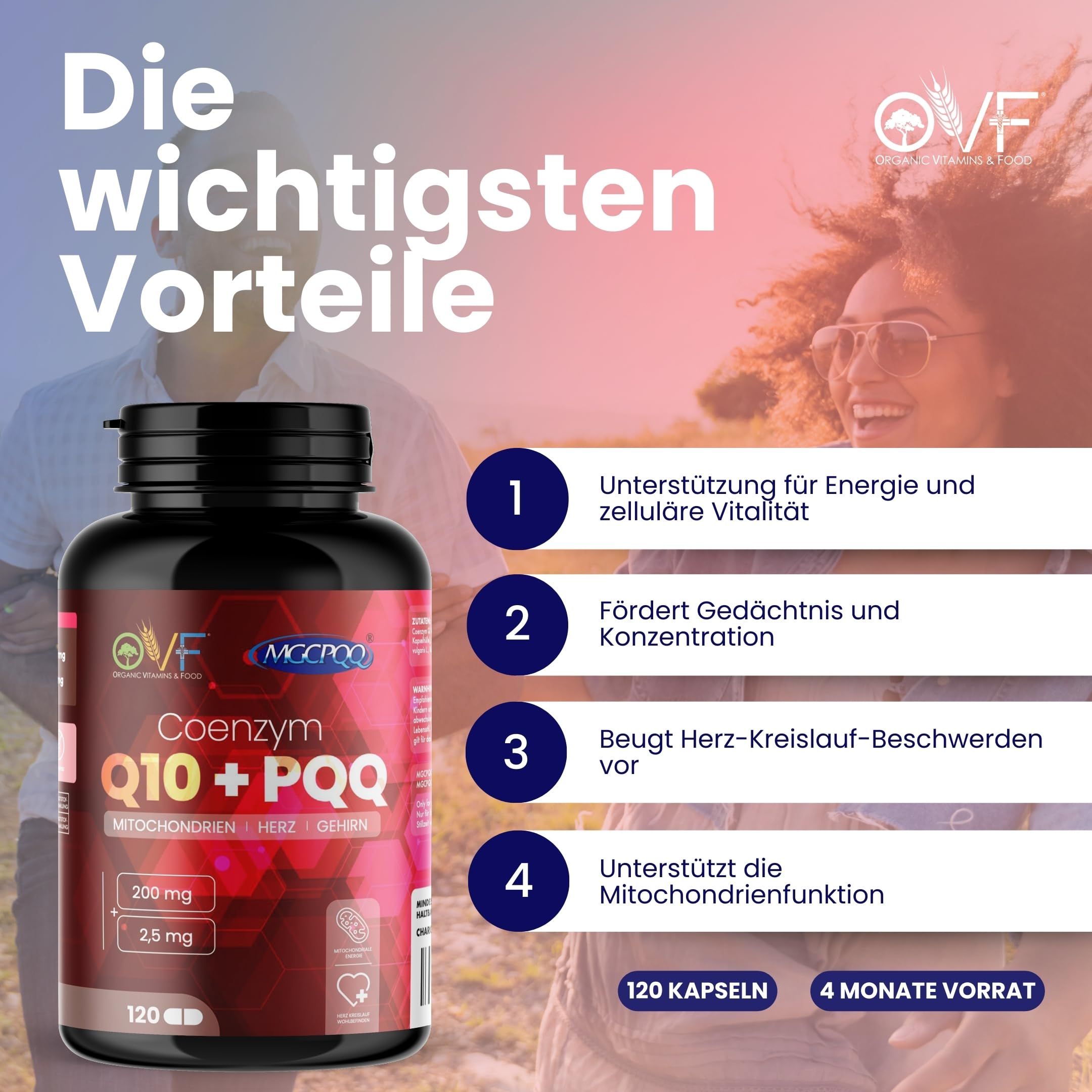 OVF Coenzym Q10 + Pqq 120 Kapseln 200mg Coenzym Q10 Kapseln Hochdosiert Coq10 Nahrungsergänzungsmittel Energía y Bienestar Reduce el Cansancio Antioxidantien Hochdosiert Vegan Made In Italy