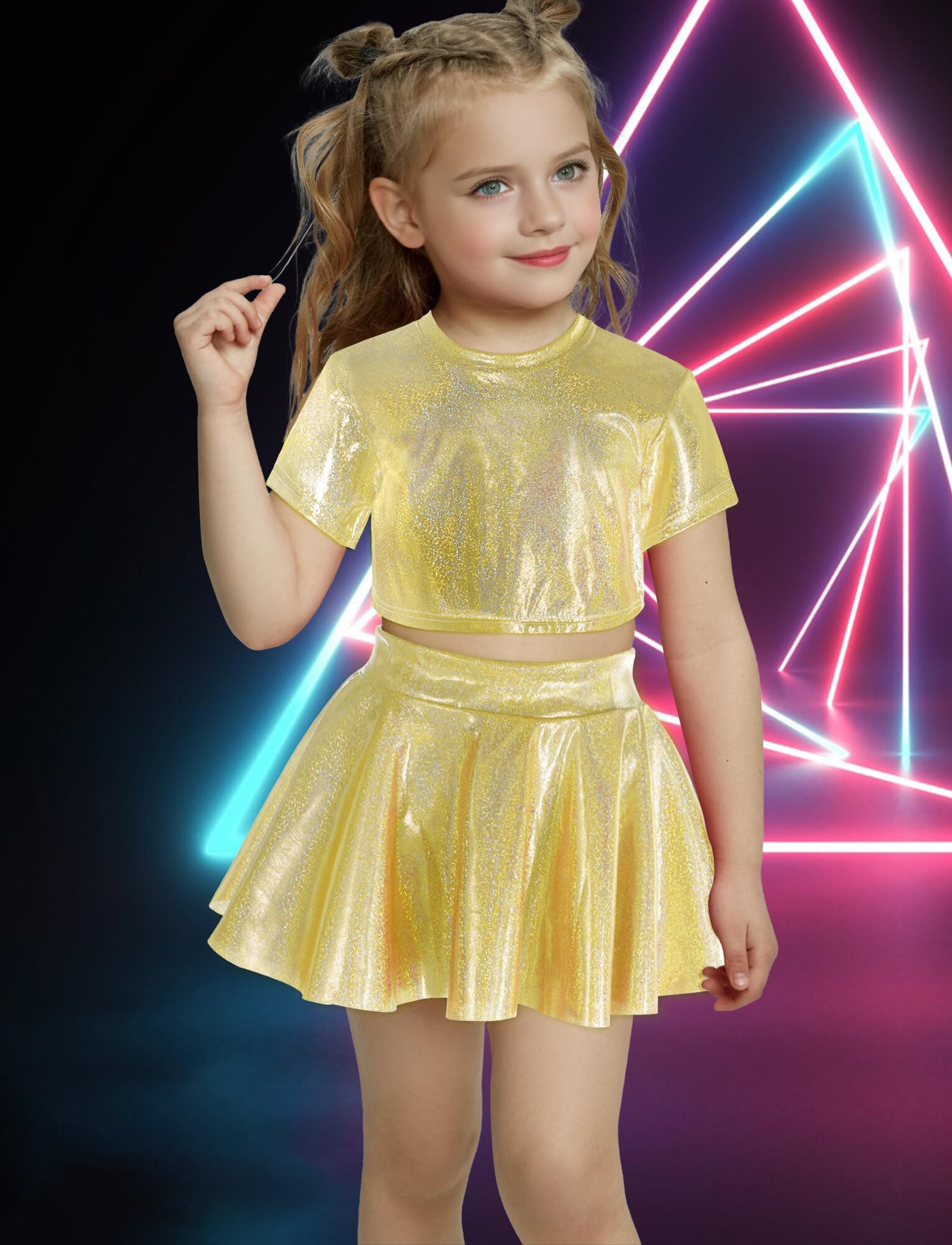 Happy Cherry 2 pezzi per bambine e ragazze lucido metallizzato a maniche corte crop top con gonna a pieghe set abbigliamento da ballo costumi prestazioni