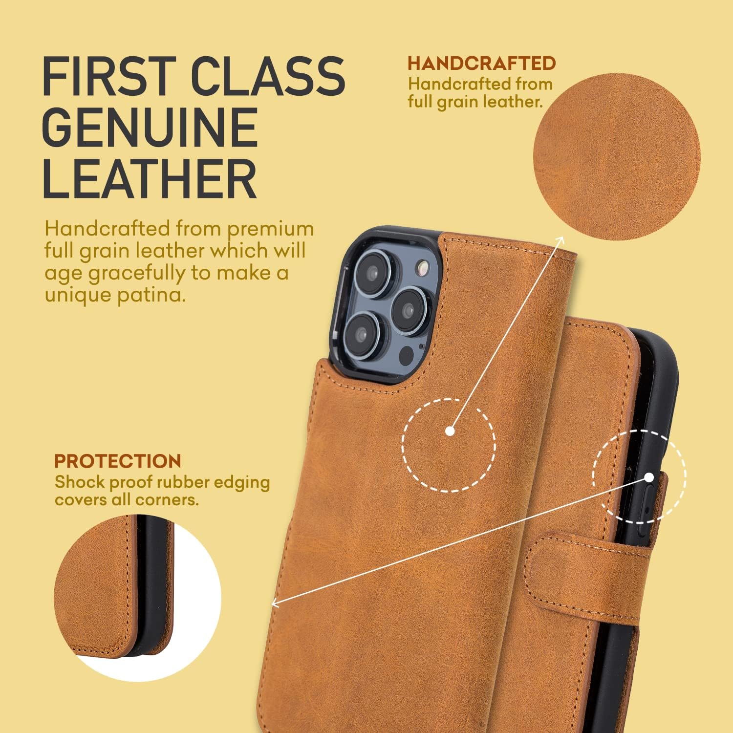 Bayelon Case for iPhone 14 Pro Max, Full Grain Leather Wallet Case, [2in1], Detachable Magnetic Flip Cover with Card Slots, Kickstand, MagSafe Compatible (Antique Camel)
