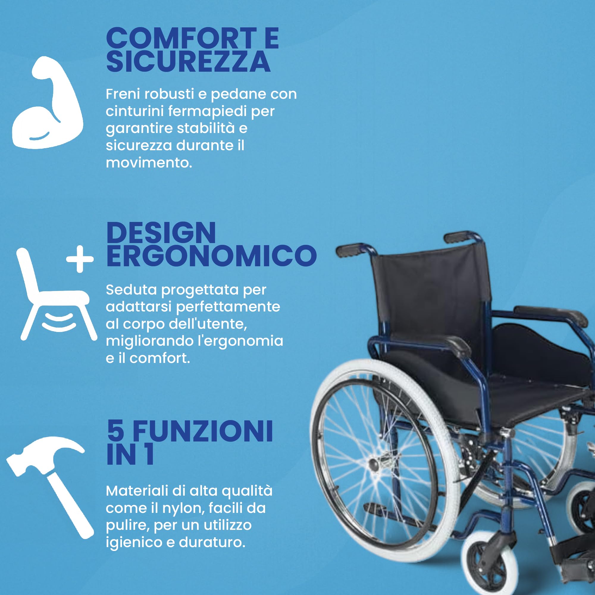 Carrozzina per Anziani, Carrozzina per Disabili [PEDANA REGOLABILE - AUTOSPINTA] Sedia a rotelle Pieghevole Leggera per Invalidi - Resistente, Sicura - Peso Max 125 kg (40 cm)