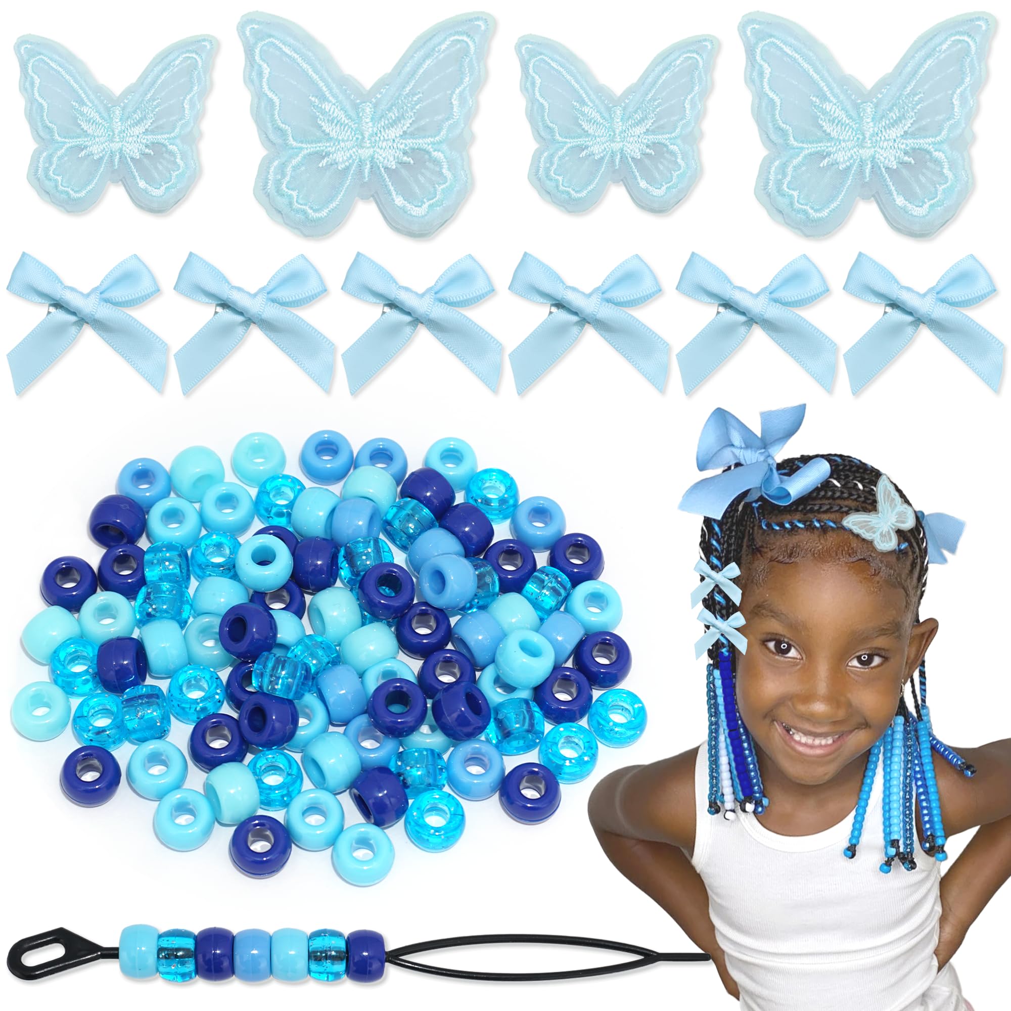 Arocooy 100PCS Hair Beads 2 Sizes Lace Butterfly Hair Clips Mini Hair Bows Hair Beading Tool Set Blue Cute Bow Barrettes Quick Braid Beaders for Kids