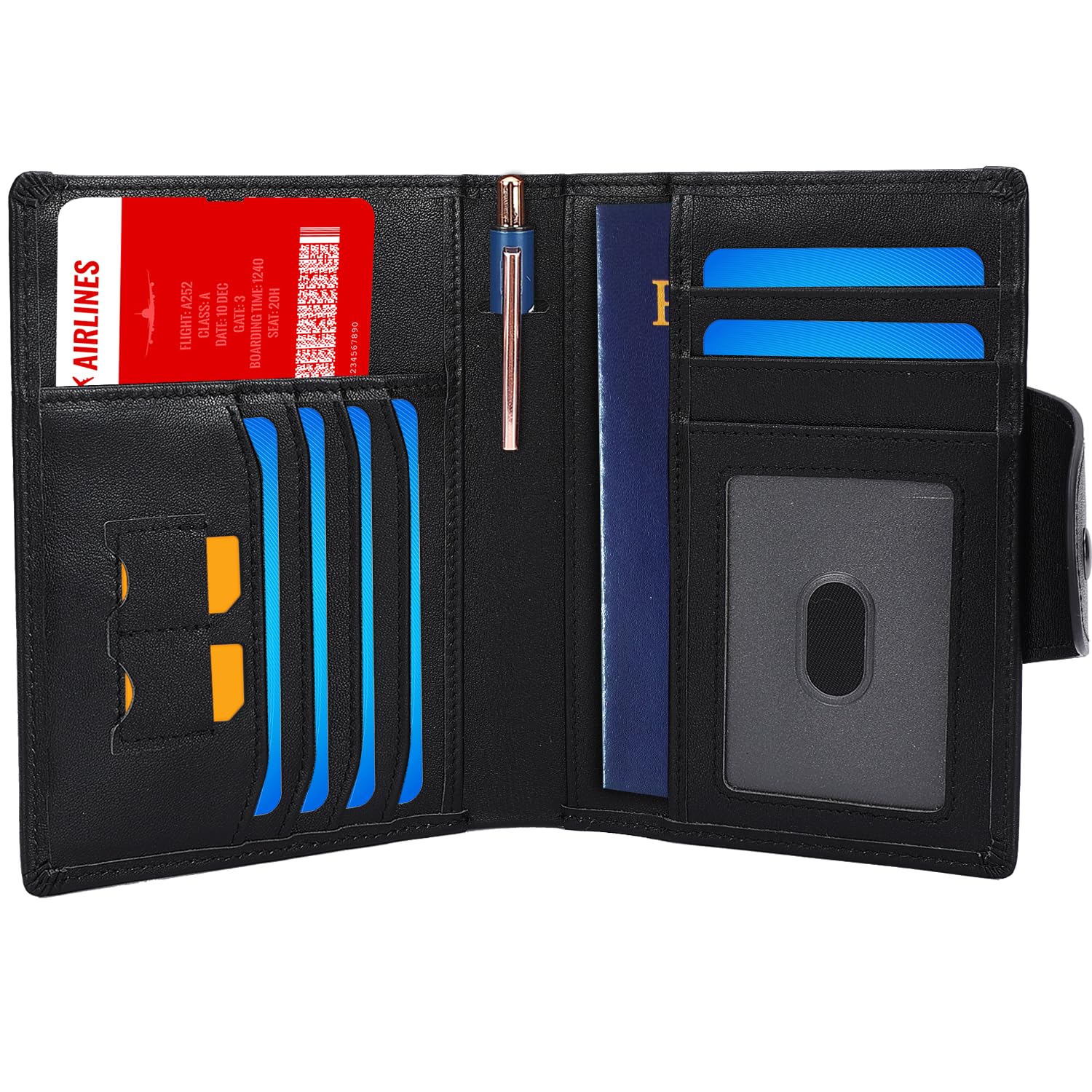 STAR VISTA Carmen Reisepass-Brieftasche aus Leder, doppelte Faltfächer, RFID-Blockierung, Ausweisfenster, 6 Kartenfächer, SIM-Fächer, AirTag-Fächer, Schwarz mit AirTag-Schlitz, Multifunktionales
